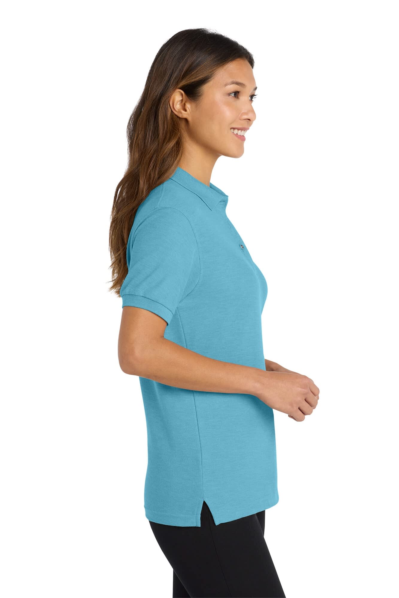 A light blue ladies' polo shirt with a collar, featuring short sleeves and side splits for comfort.