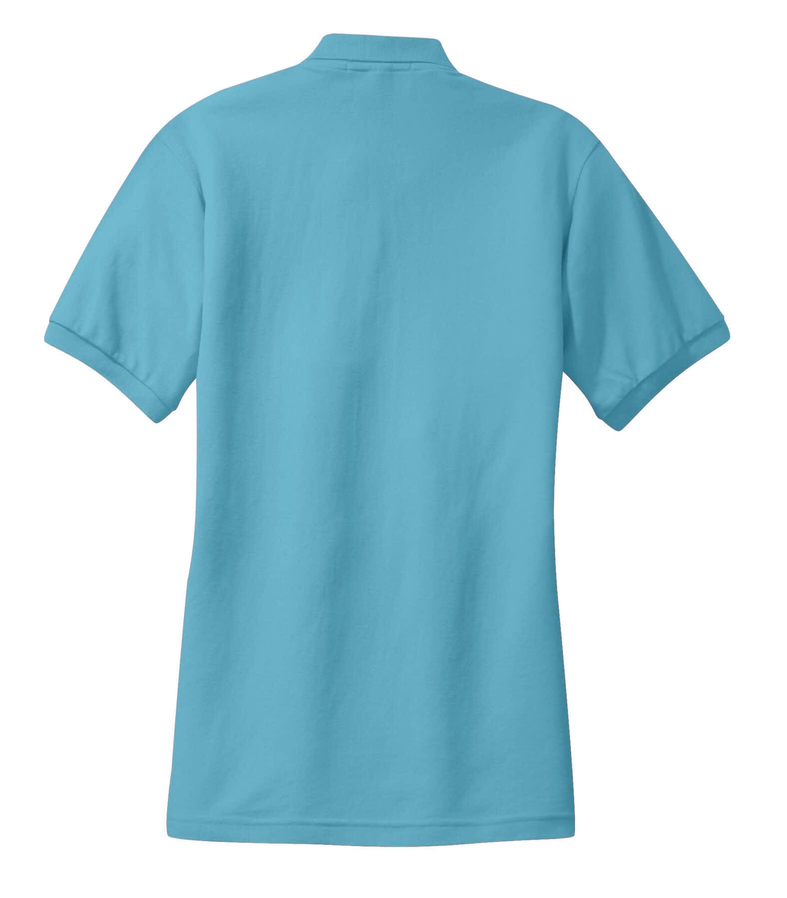 A light blue ladies' polo shirt featuring a simple design and a collar, with a logo on the side.