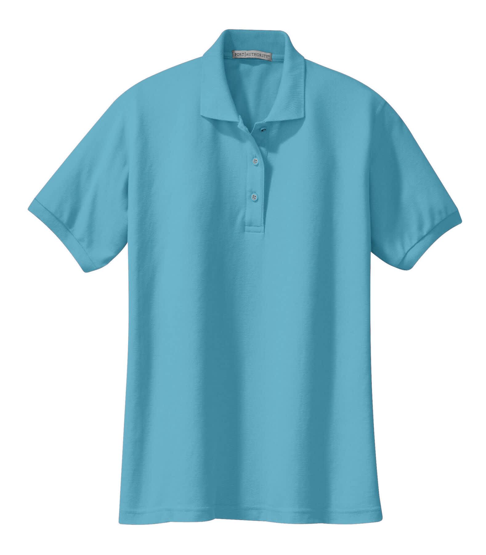 A light blue ladies' polo shirt with a collar, three buttons, and short sleeves. It features a logo on the chest.