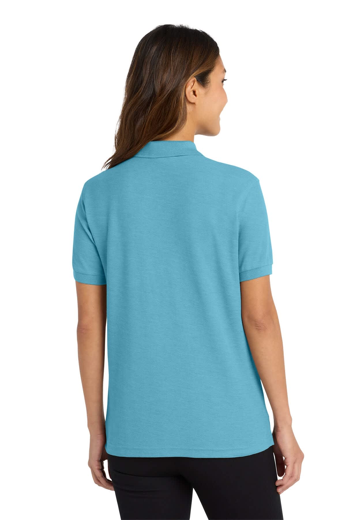 A turquoise polo shirt is displayed, featuring a subtle logo on the back. It has a classic fit and short sleeves.
