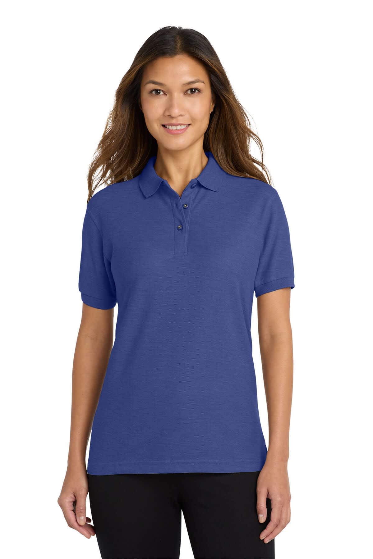A blue ladies polo shirt featuring a classic collar and short sleeves, with a logo on the chest.