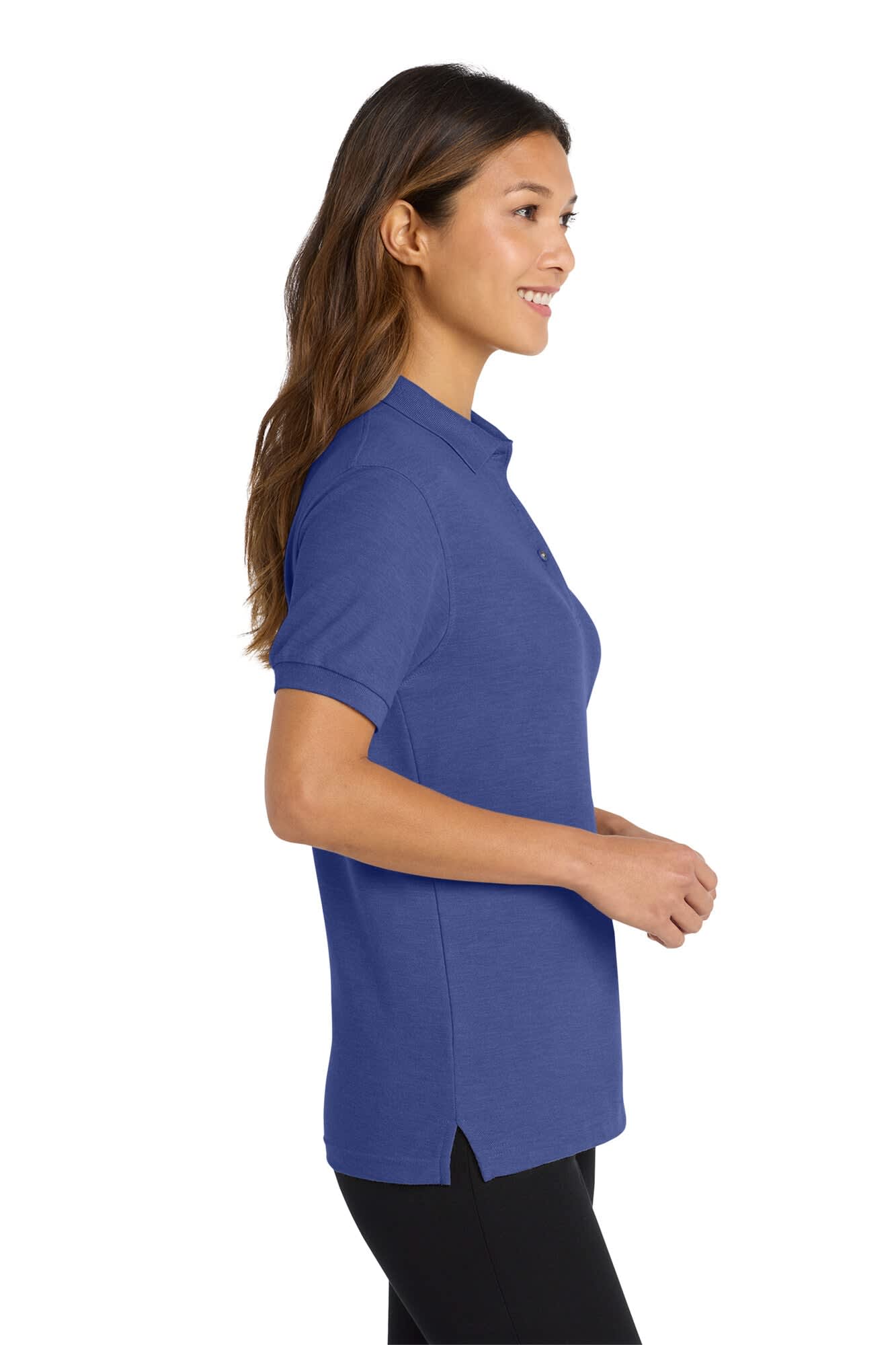 A blue ladies' polo shirt with a collar and short sleeves, featuring a branding logo.