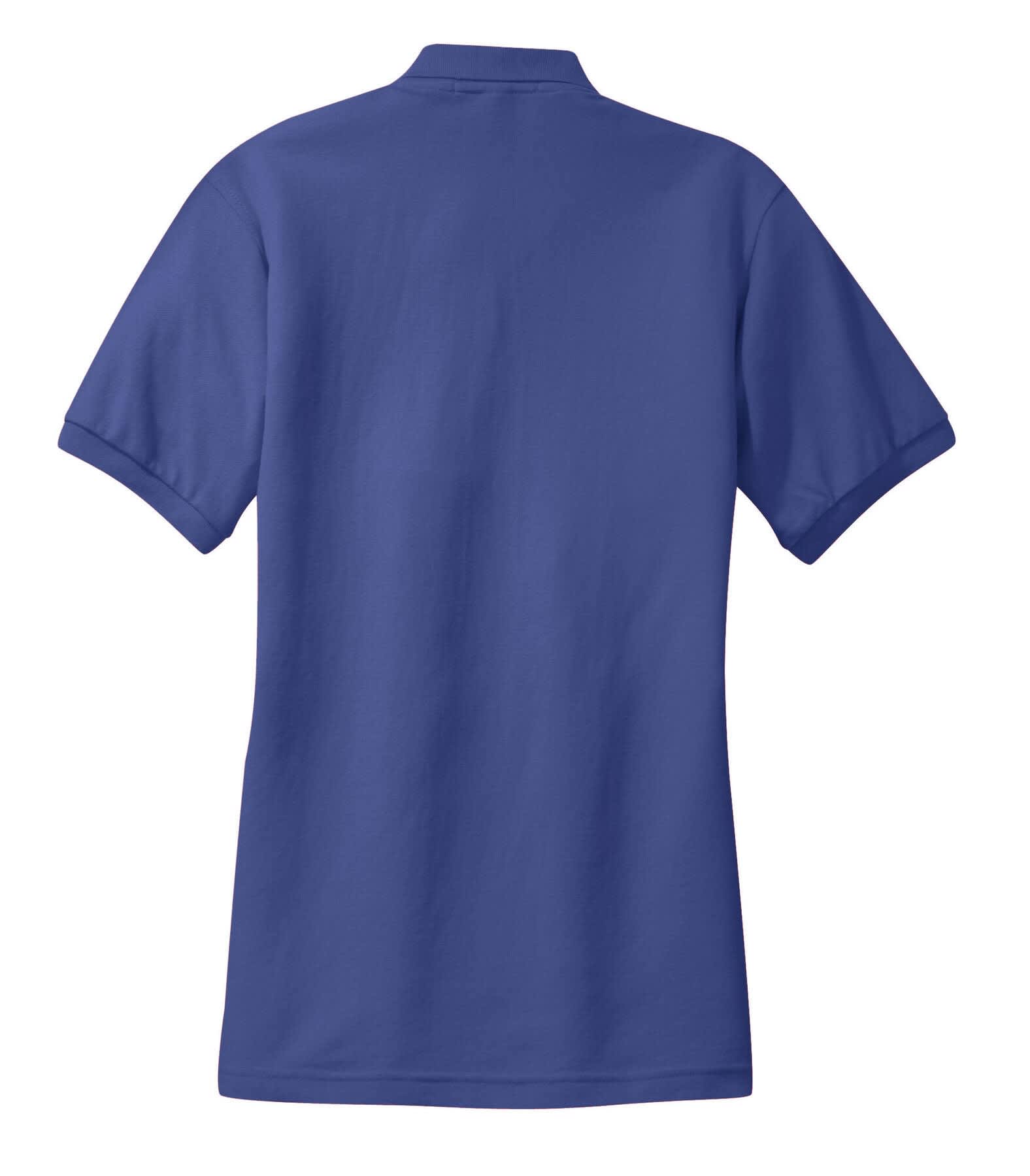 A purple ladies' polo shirt featuring short sleeves and a classic collar, with branding on the back.