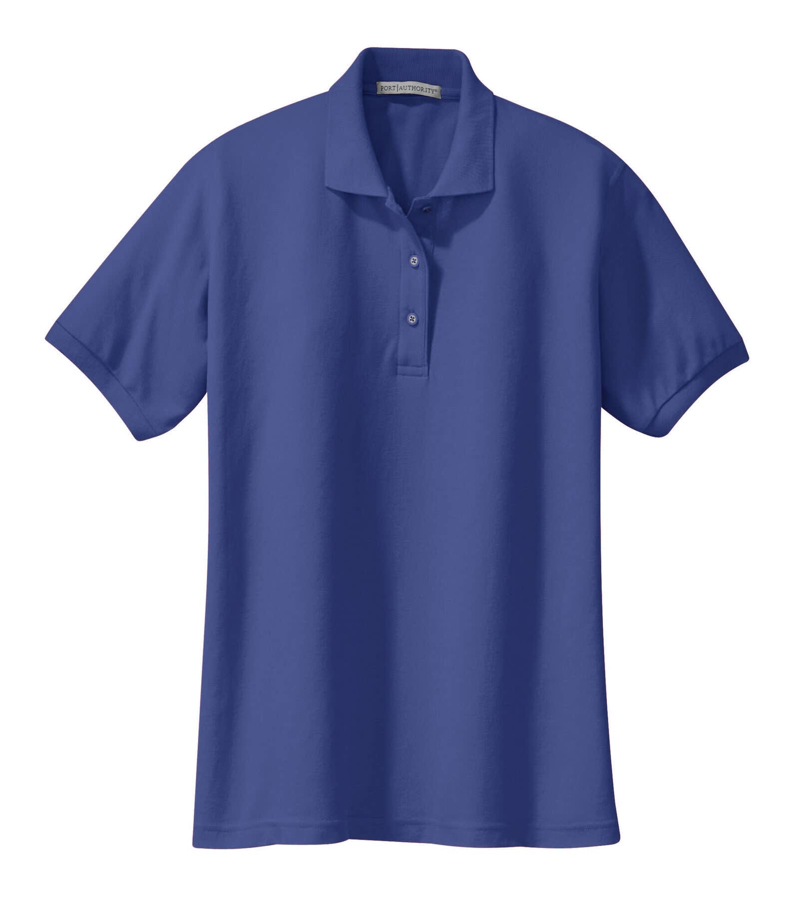 A purple polo shirt with a collar and three buttons, featuring a logo on the chest.