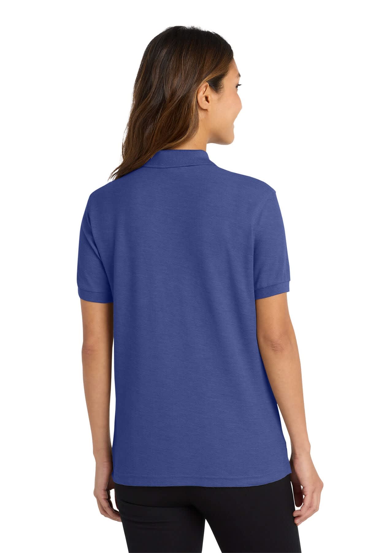 A blue ladies' polo shirt with a collar and short sleeves, featuring a logo on the back.