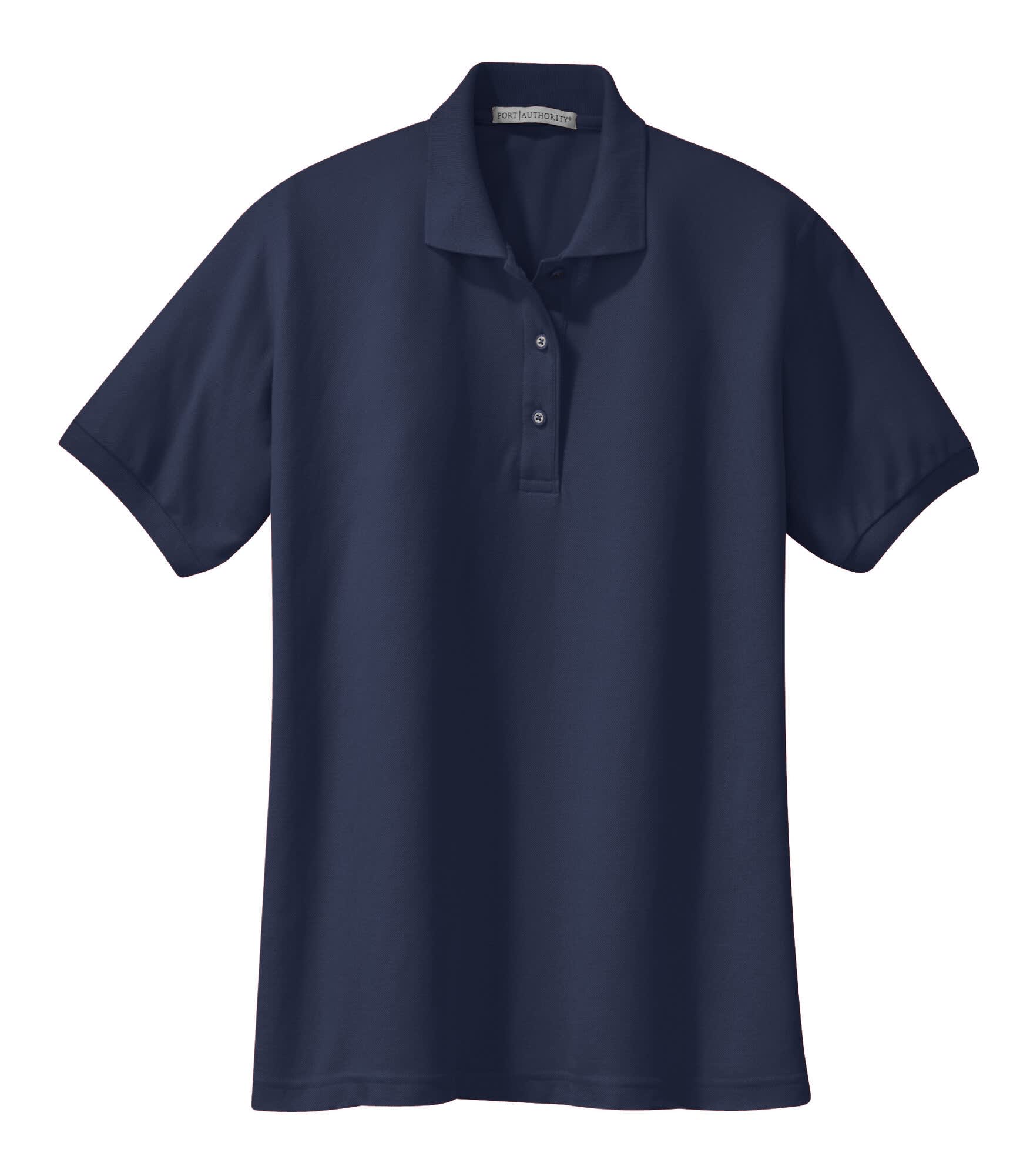 A navy blue ladies' polo shirt featuring a three-button placket and a logo. Suitable for casual settings.