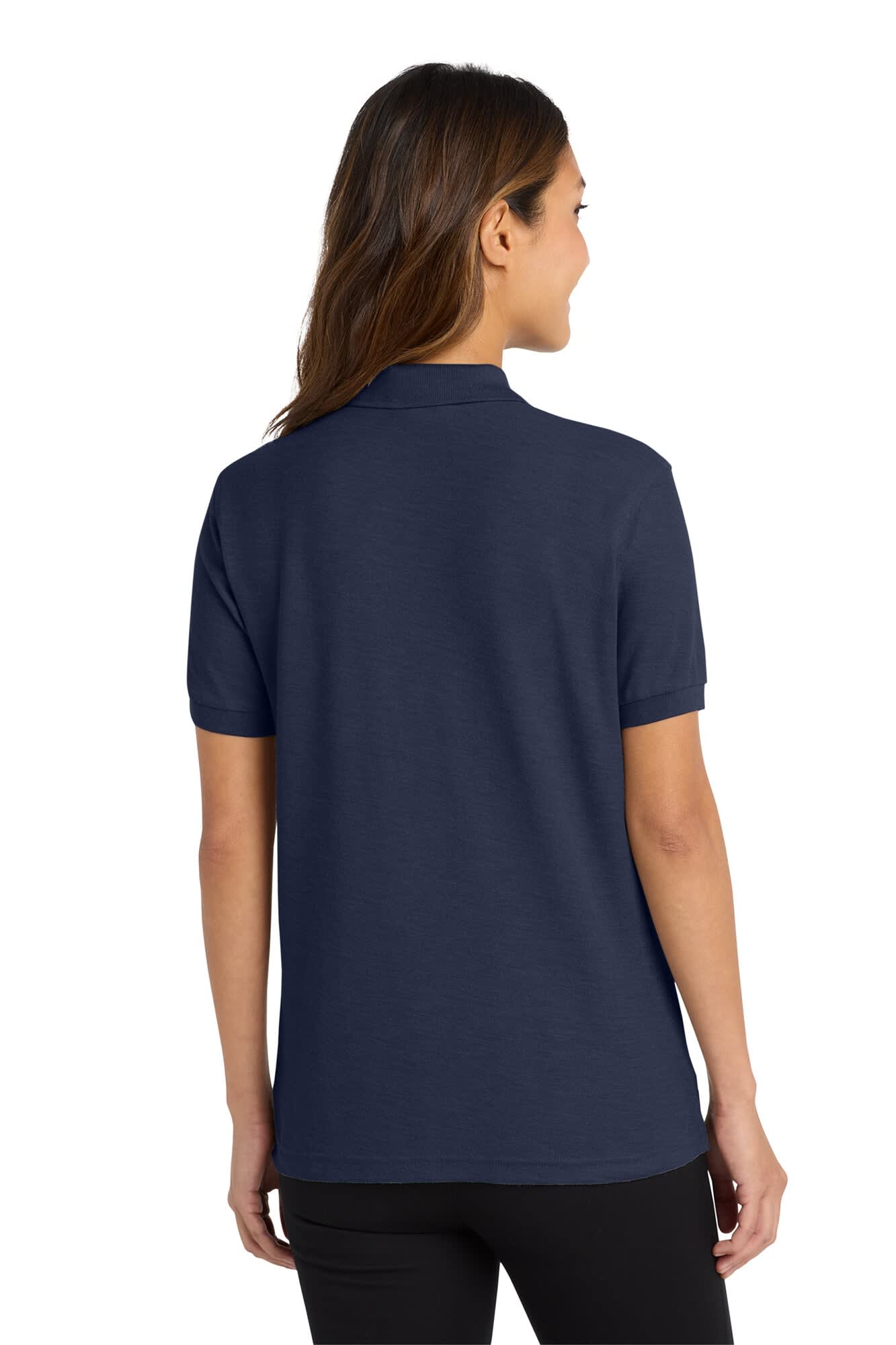 A navy polo shirt with a classic design, featuring a collar and short sleeves, shown from the back. Contains a logo.