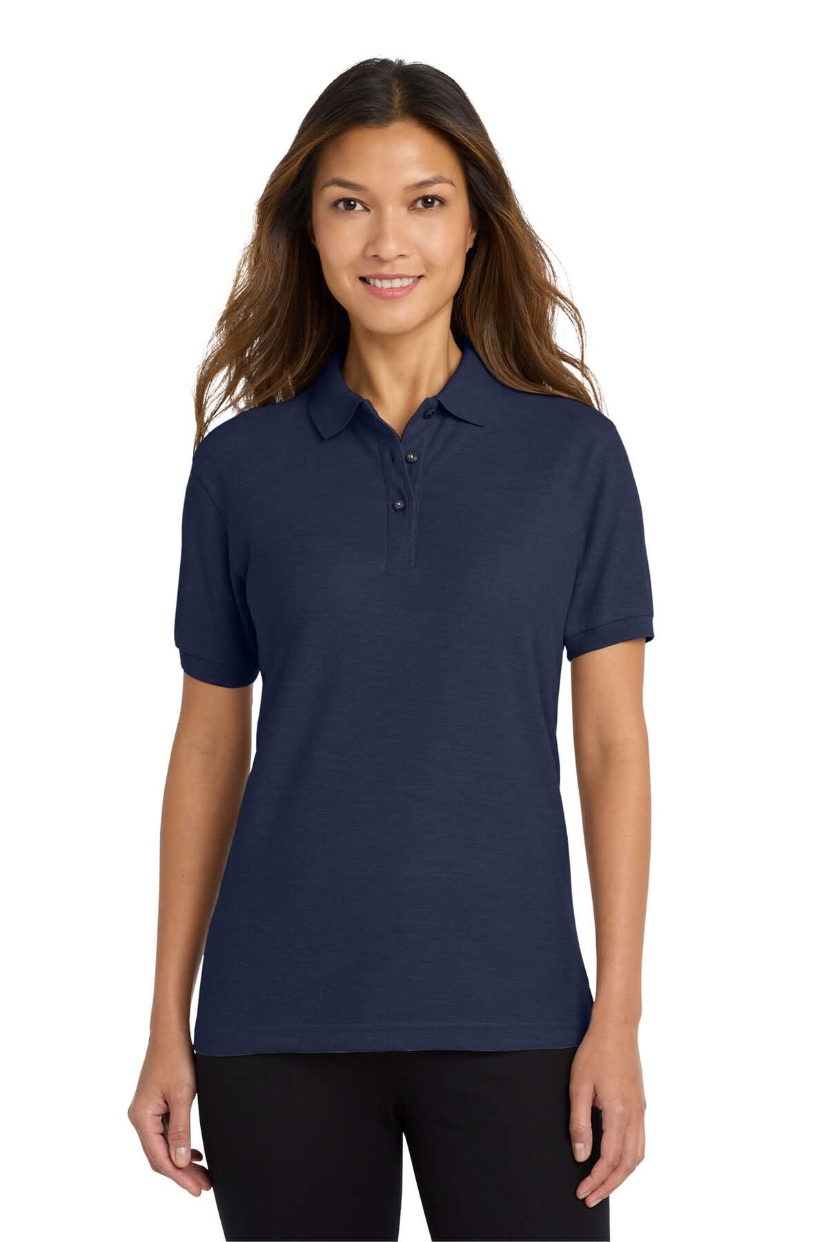A navy blue ladies' polo shirt with a collar and buttons, featuring a logo on the chest.