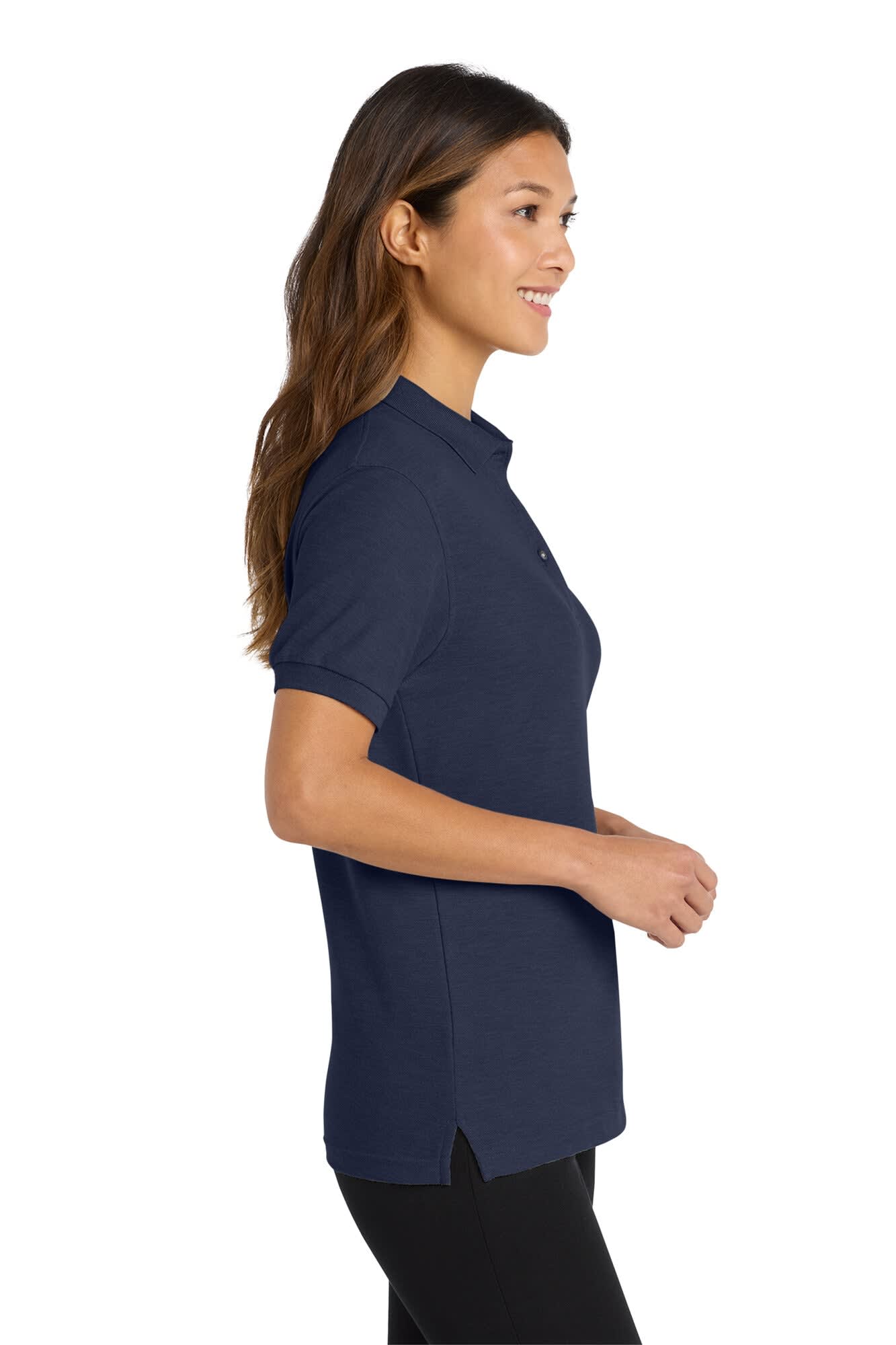A navy blue ladies' polo shirt with a slightly fitted design, featuring a logo on the chest.