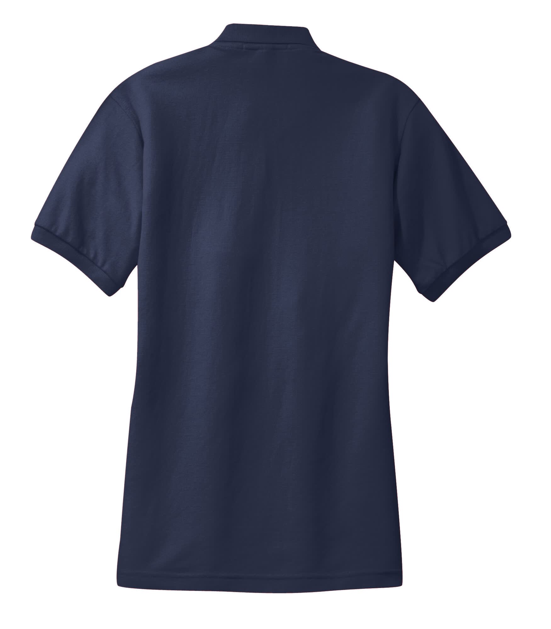 A navy blue ladies' polo shirt with short sleeves, featuring a collar and a logo on the back.