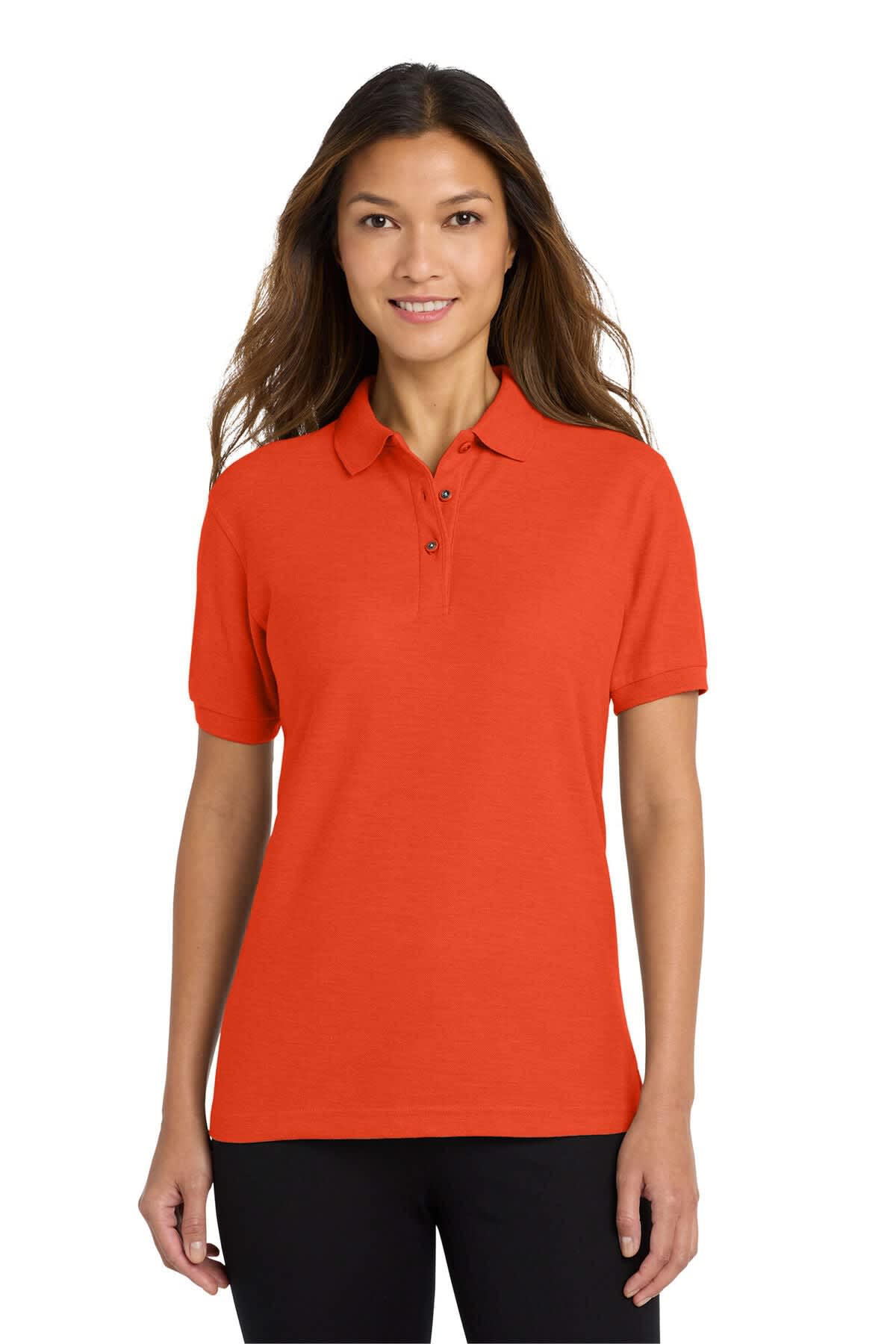 A red ladies' polo shirt with a collar and short sleeves, featuring a logo on the sleeve.
