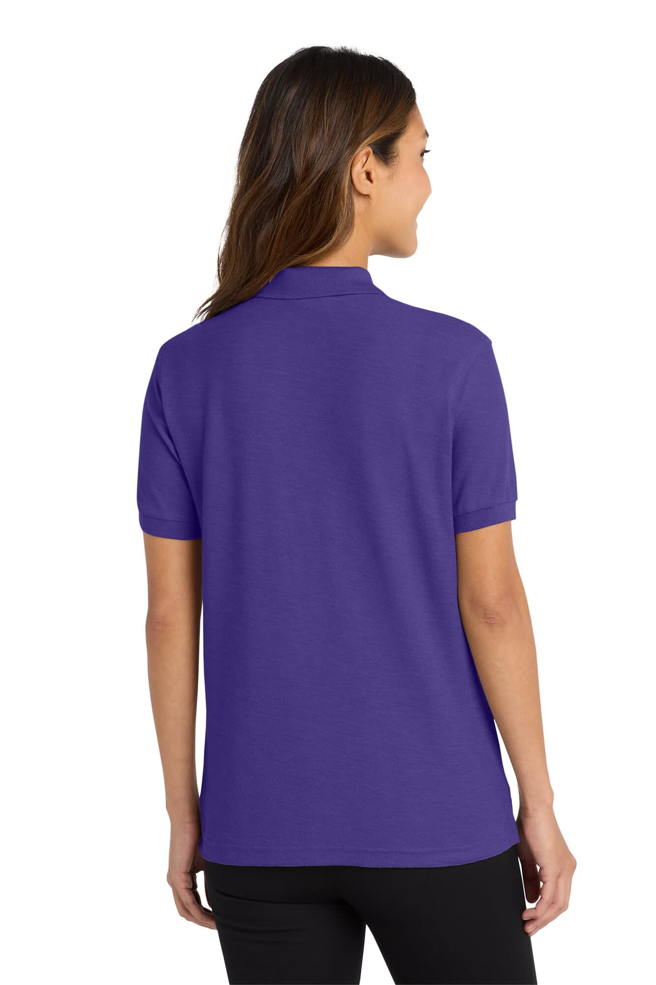 A purple ladies' polo shirt with a back view, featuring short sleeves and a collar. It has a branding logo.