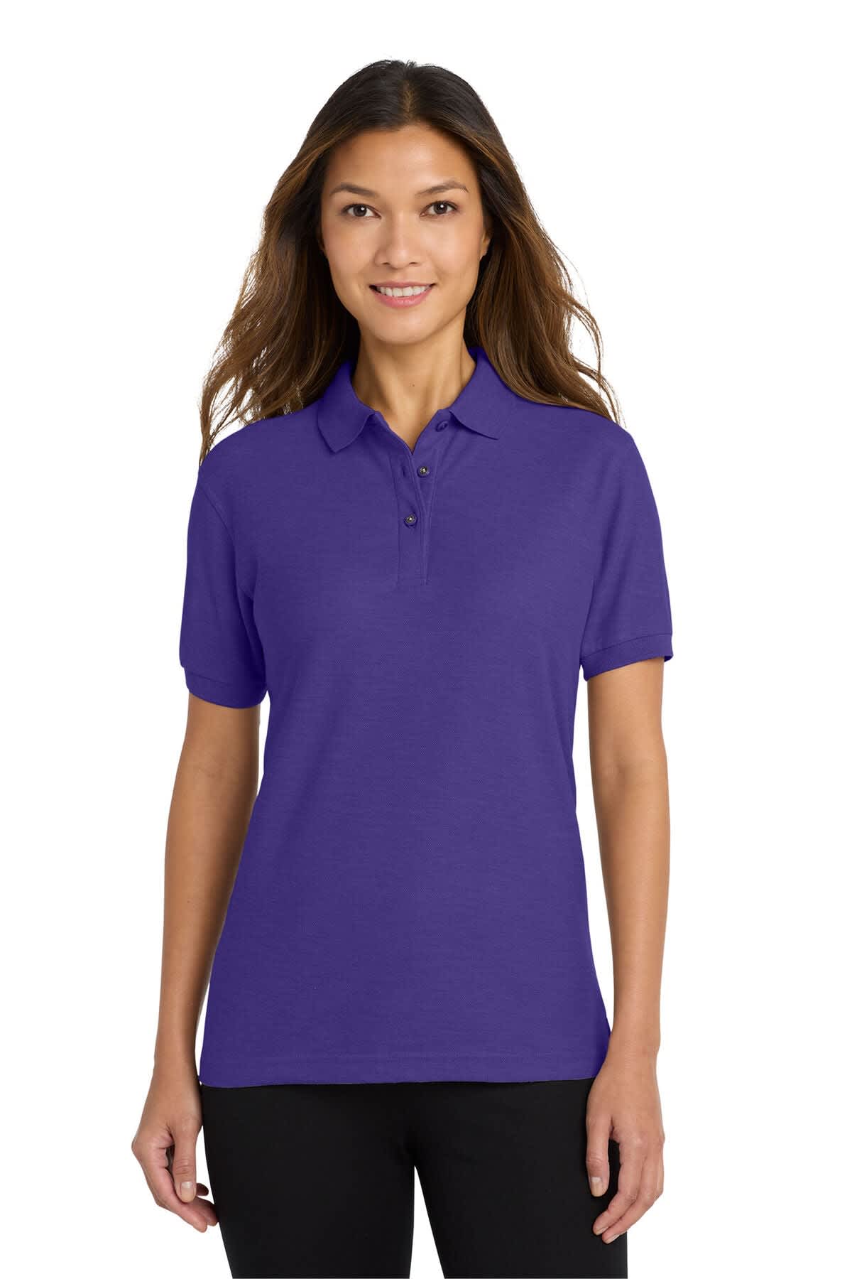 A purple polo shirt with a collar and short sleeves, worn by a woman. The shirt features a logo on the chest.