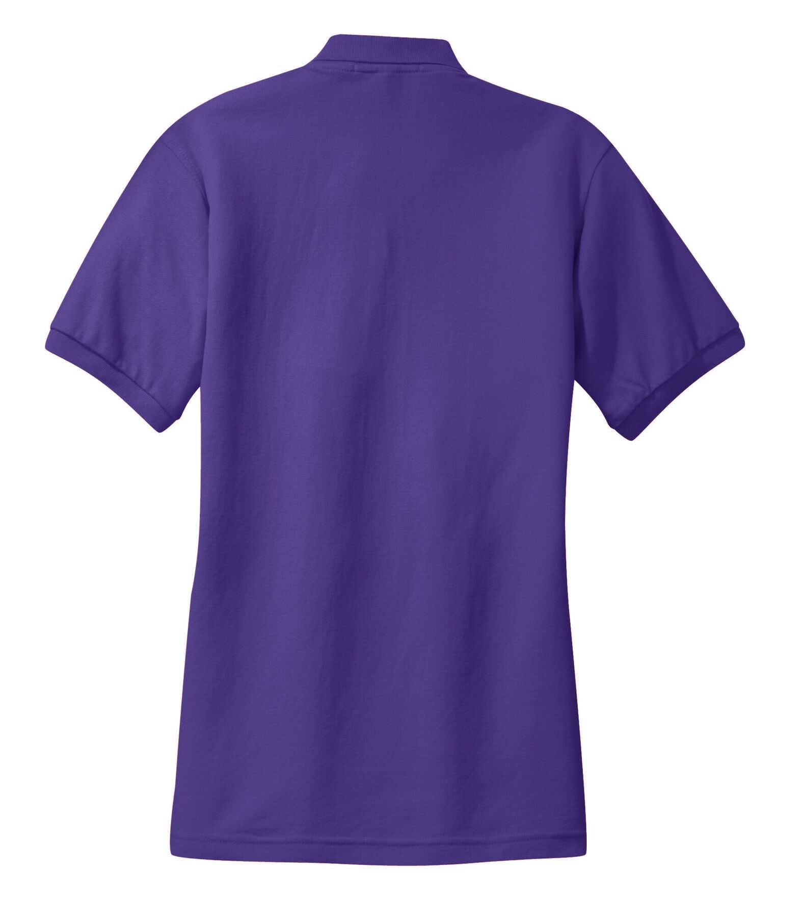 A purple ladies' silk touch polo shirt featuring a collar and short sleeves, with a logo on the front.