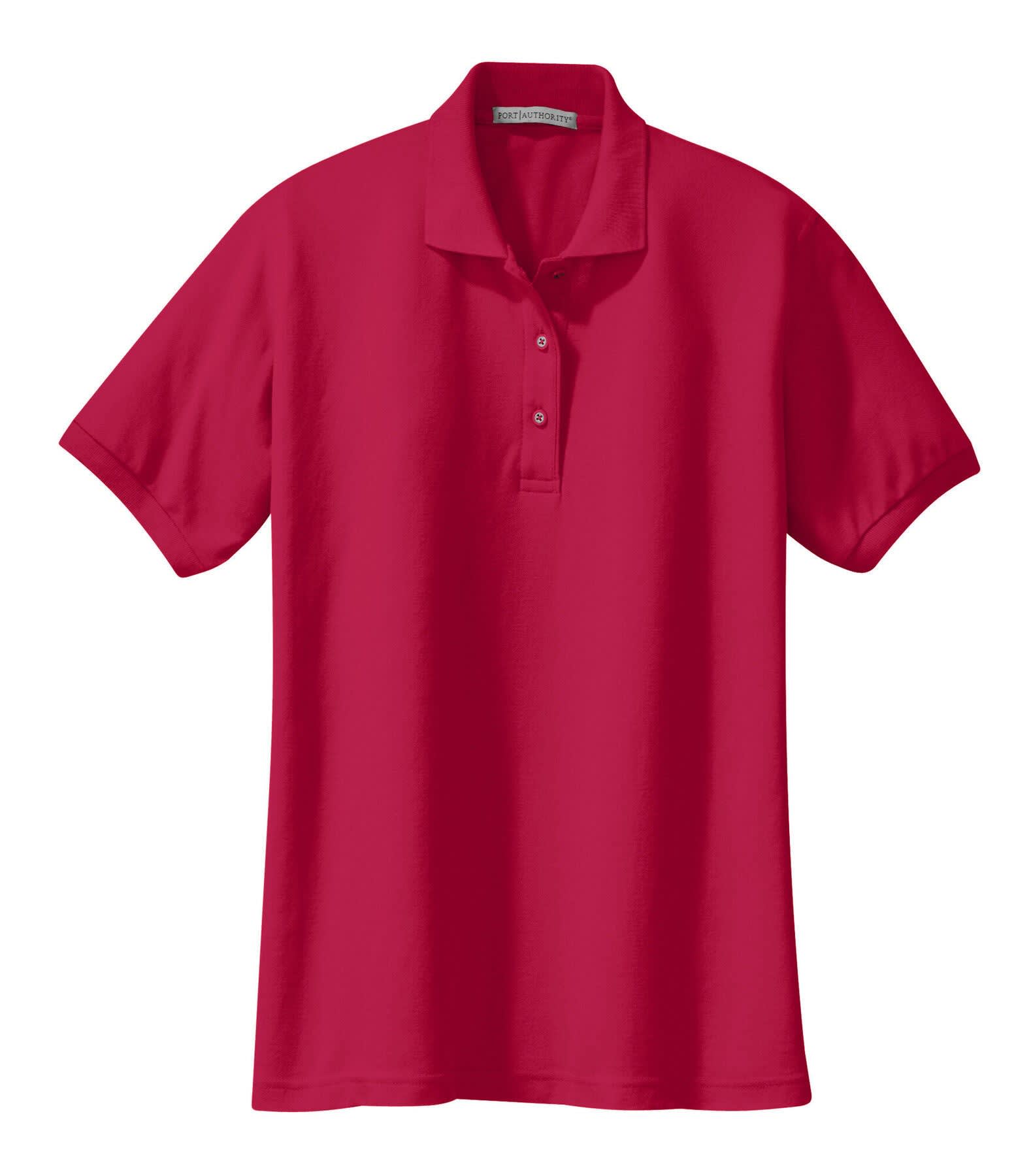 A red polo shirt with short sleeves and a collar, featuring a logo on the front.