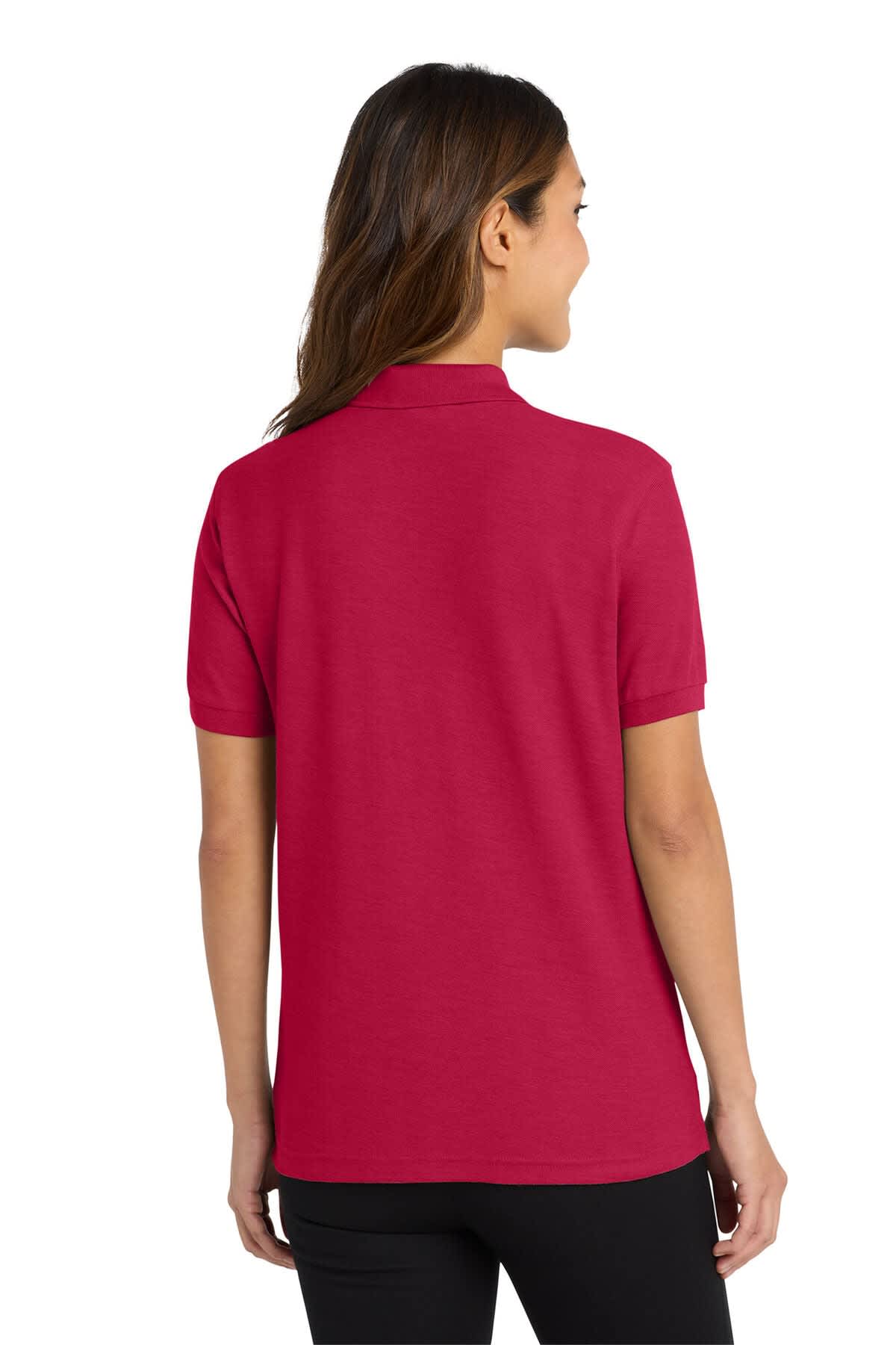 A pink ladies' polo shirt with a short sleeve and a collar, featuring a logo. The back view is displayed.