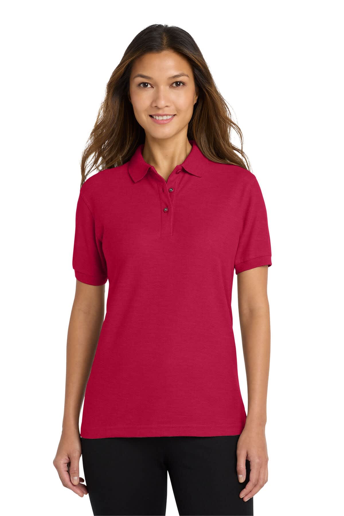 A red ladies' polo shirt featuring a collar, short sleeves, and a logo.