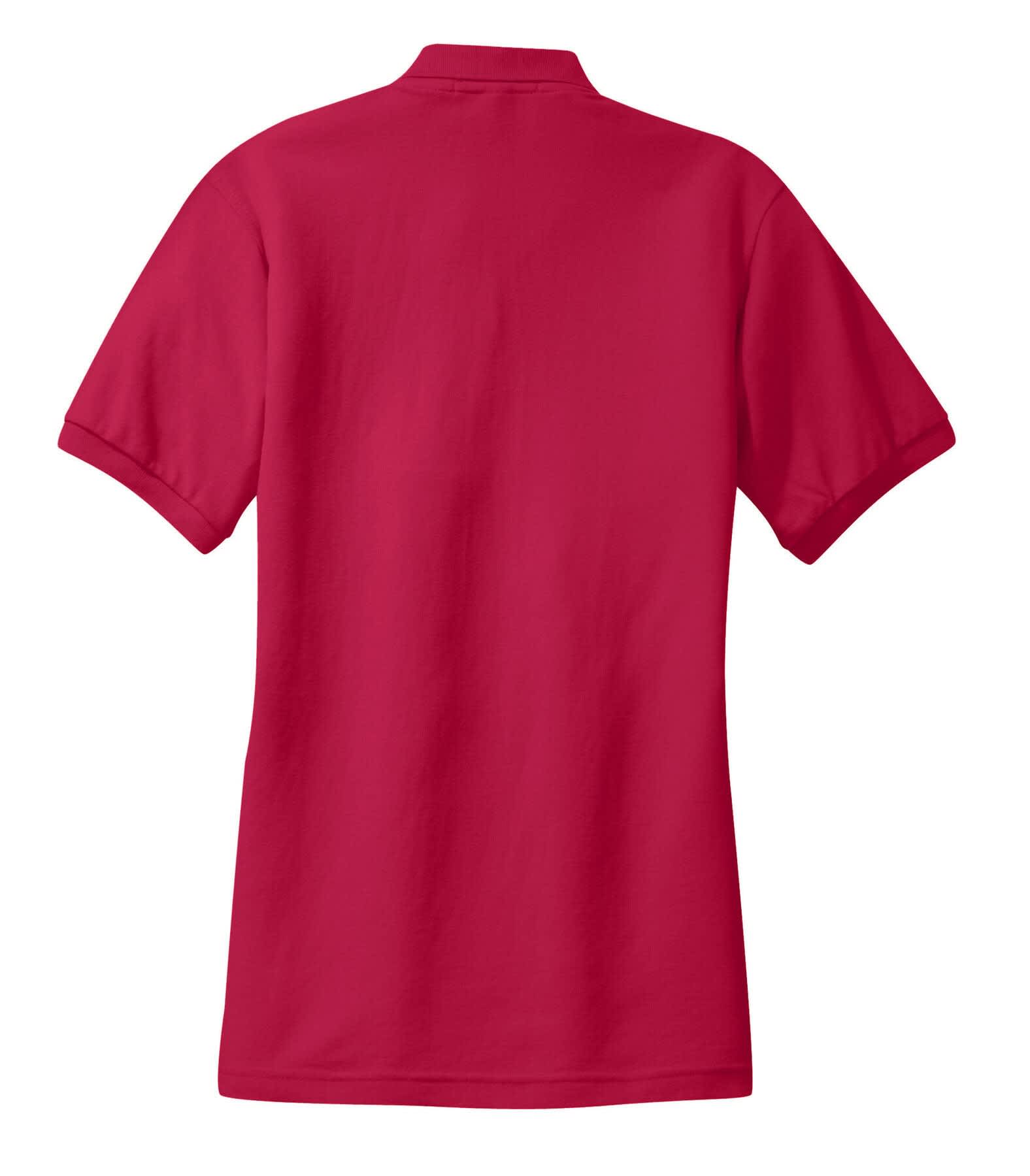 A red polo shirt with a classic collar and short sleeves, featuring a logo on the back.