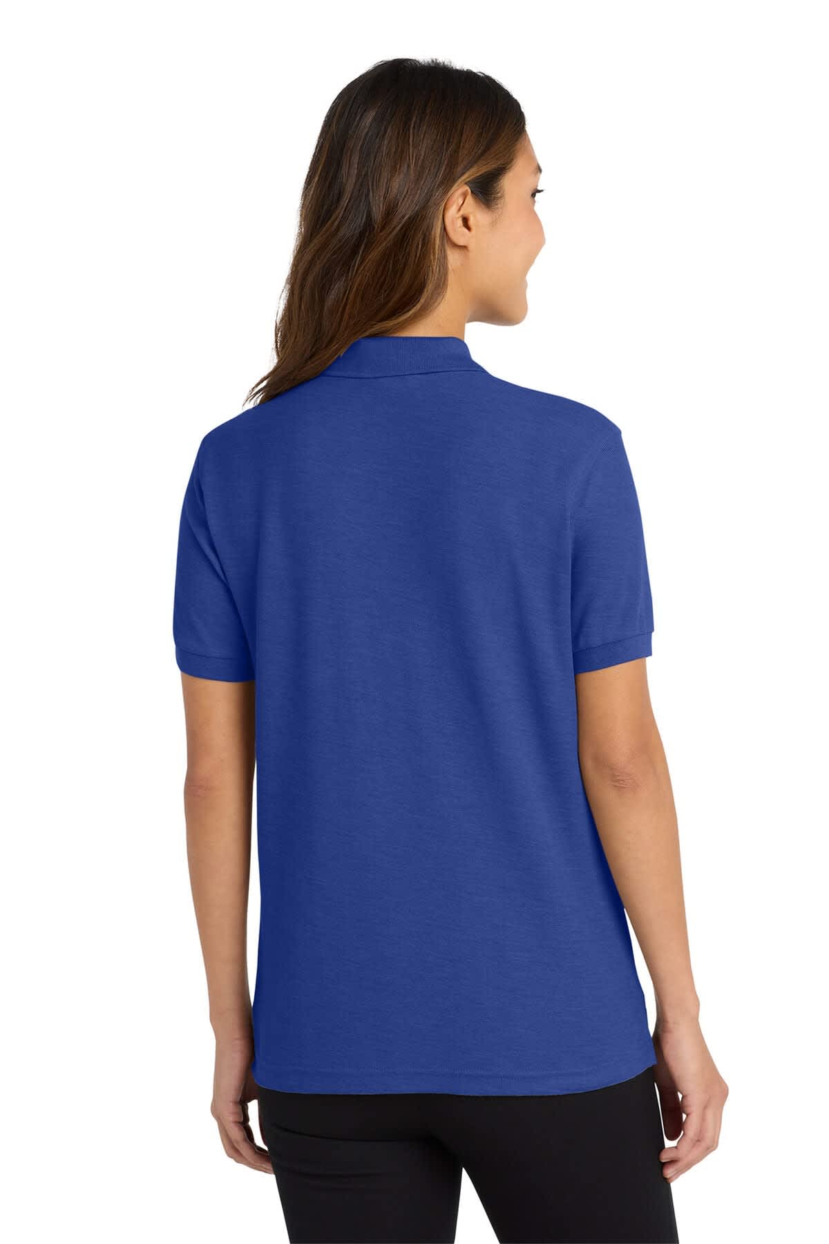A blue polo shirt with a simple design, featuring a collar and short sleeves, viewed from the back.