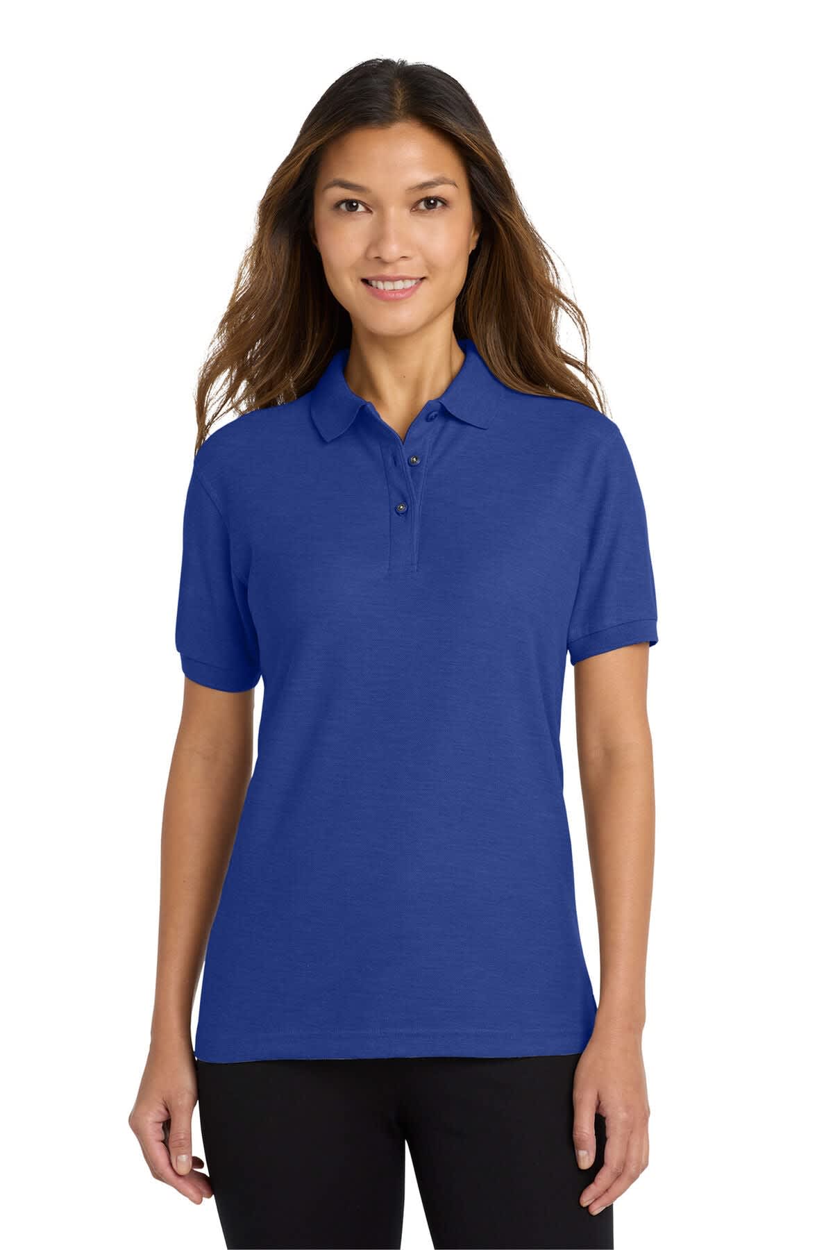 A blue Ladies Silk Touch Polo shirt with a collar and short sleeves, featuring a discreet logo.