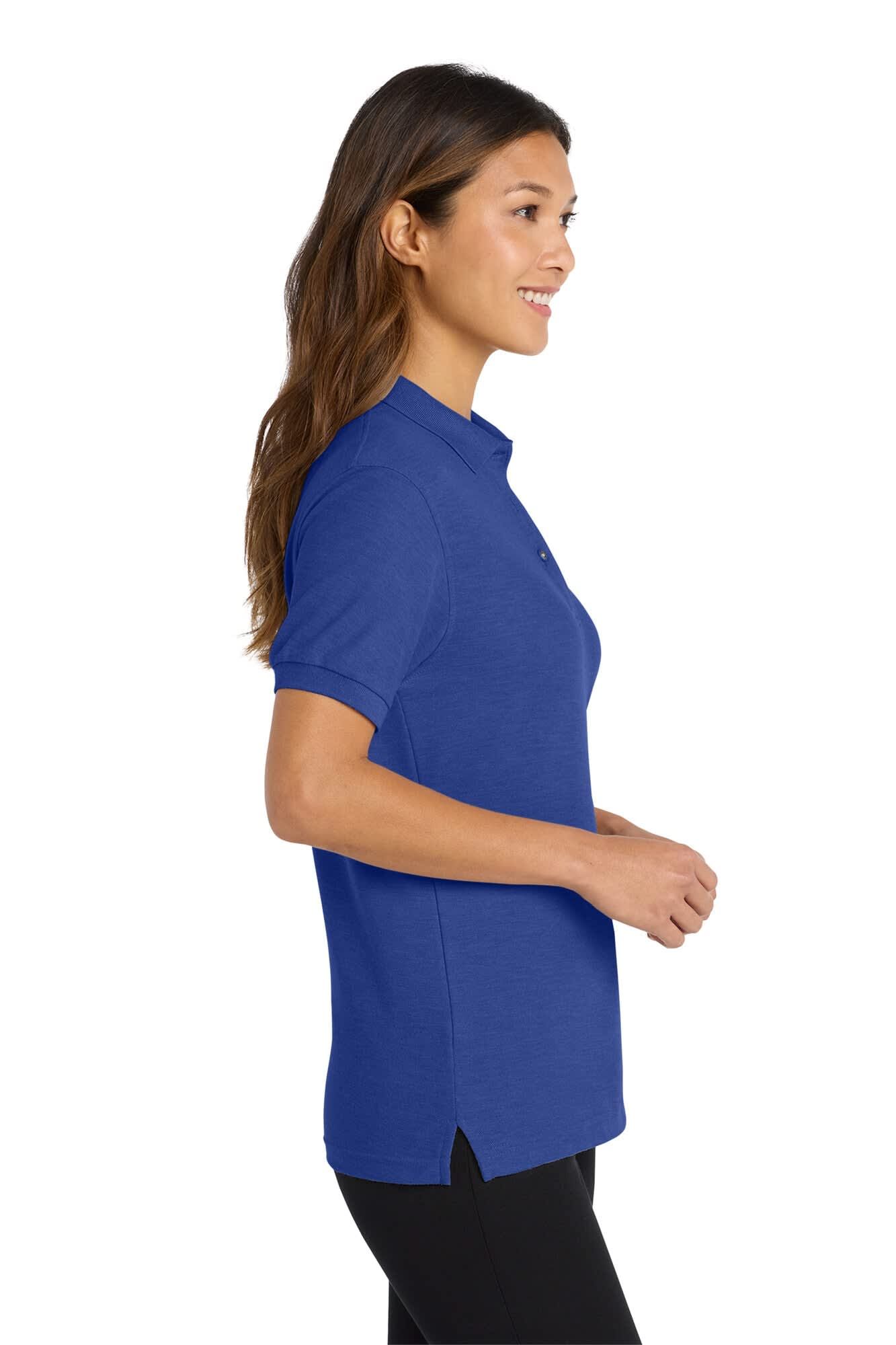 A blue ladies' polo shirt with a collar and side vents, featuring a branding logo.