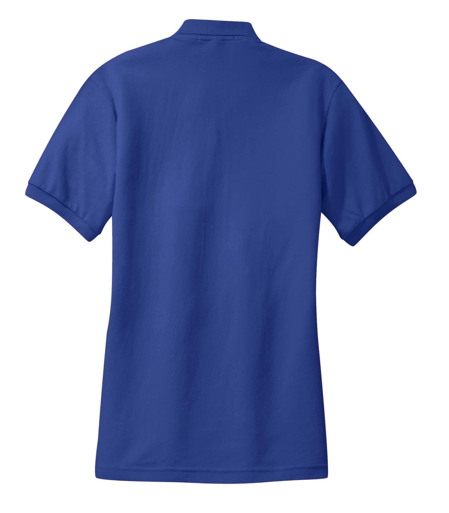 A blue ladies' polo shirt with a collar, featuring short sleeves and a simple design. It has a logo on the back.