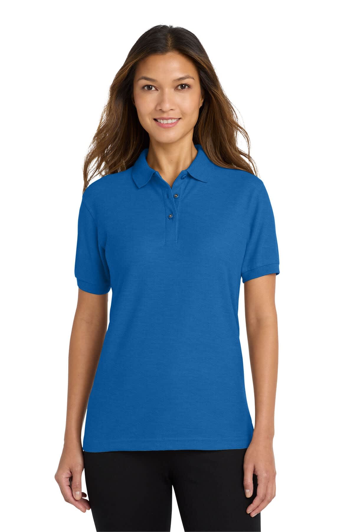 A blue ladies' polo shirt featuring a logo, short sleeves, and a classic collar.