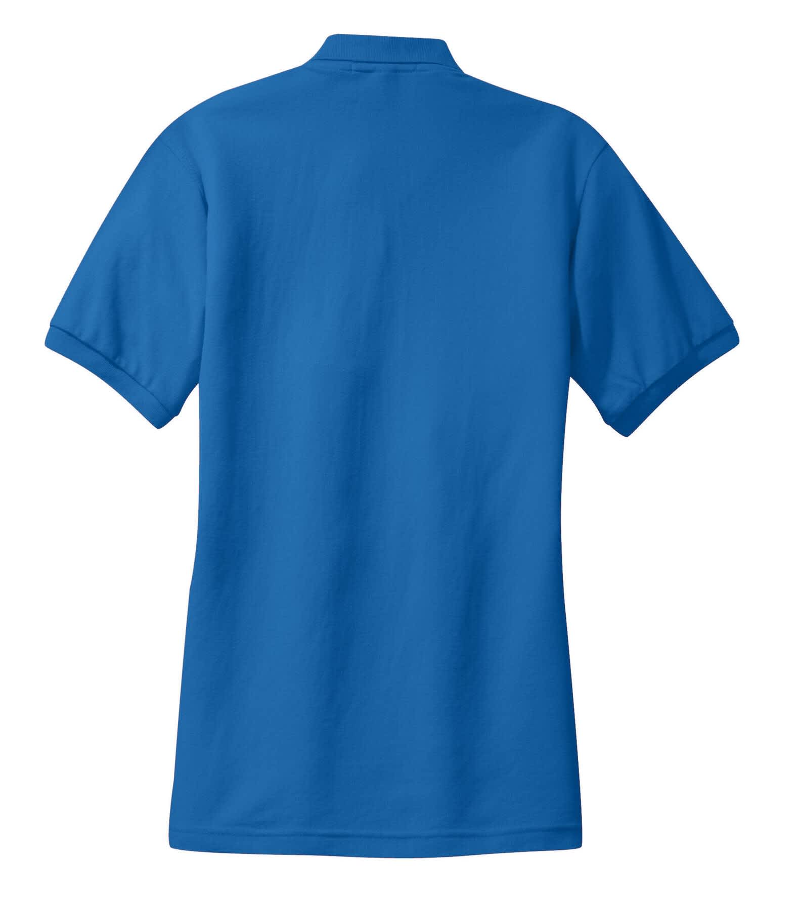 A blue ladies' polo shirt with a classic collar and short sleeves, featuring a logo on the front.