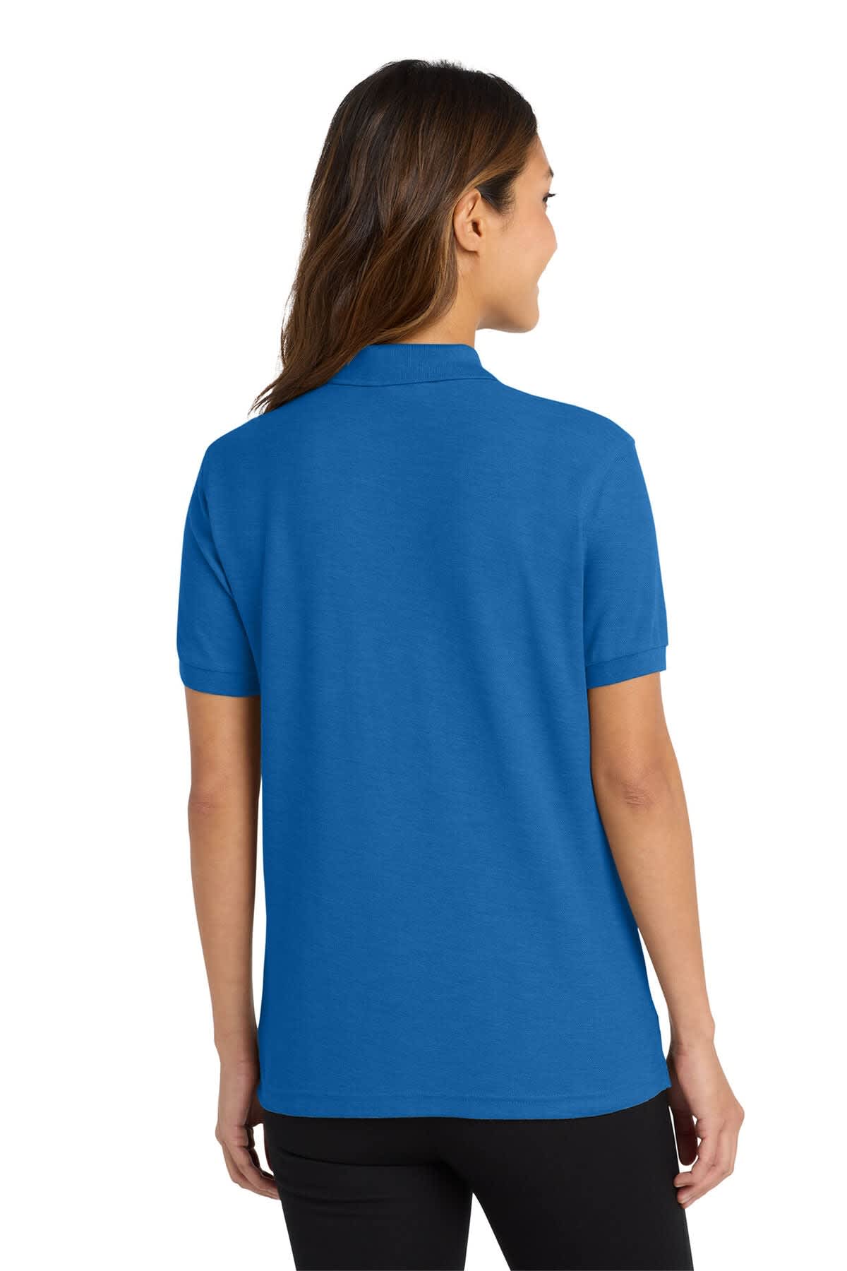 A blue women's polo shirt with a collar and short sleeves, featuring a logo on the back.
