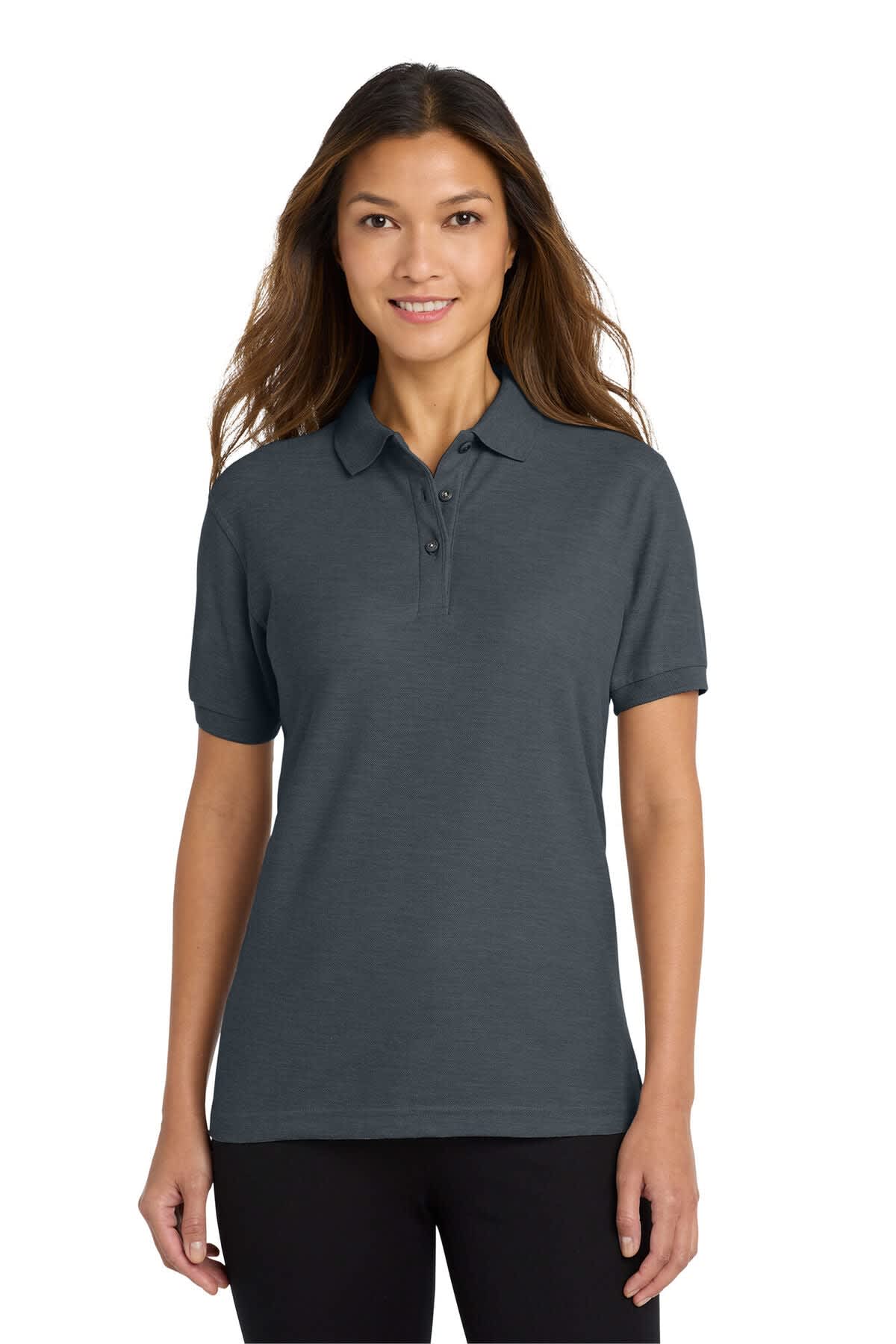 A dark grey ladies' polo shirt with a collar and short sleeves, featuring a logo on the chest.