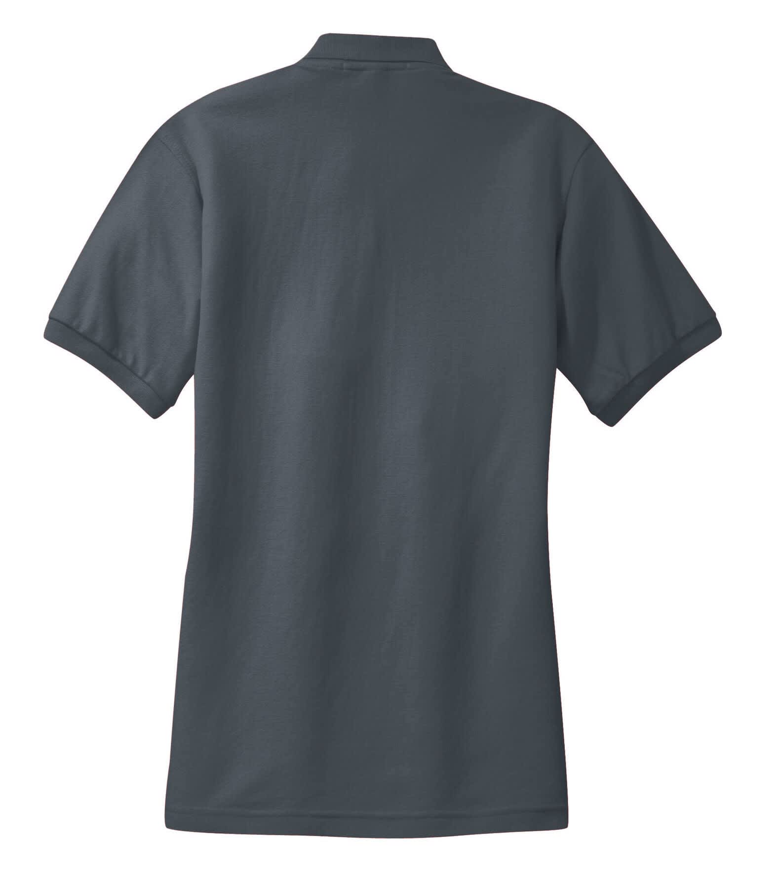 A dark grey ladies' polo shirt featuring short sleeves and a collar, with a logo on the back.
