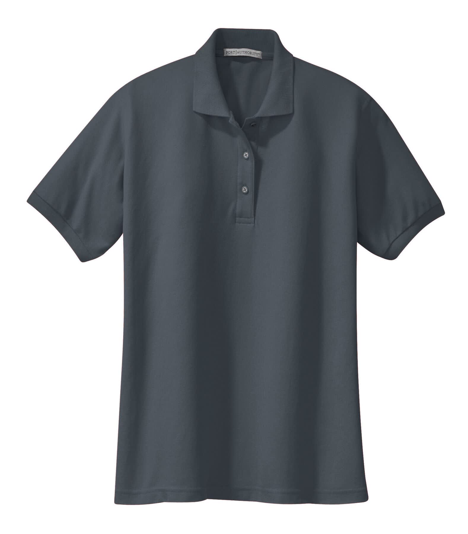 A dark grey polo shirt with a three-button placket and a collar, featuring a small logo on the left side.