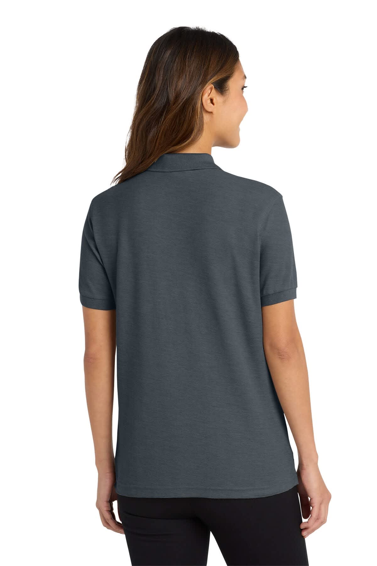 A dark grey ladies polo shirt with short sleeves, featuring a collar and a logo on the back.