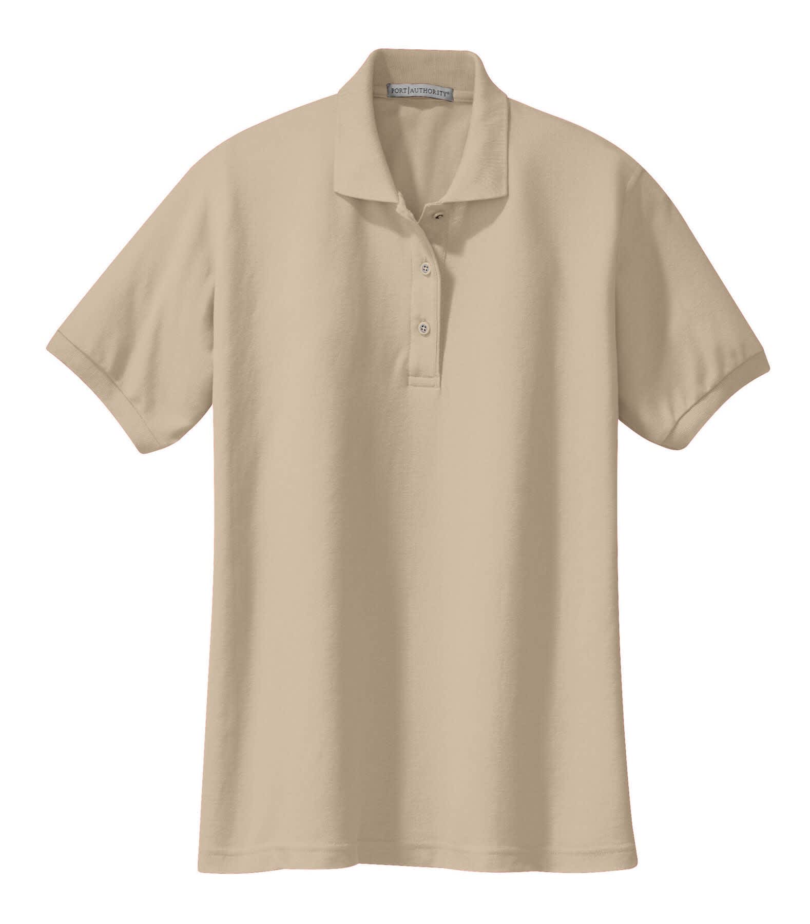 A beige ladies' polo shirt made from silk touch fabric, featuring a collar and buttons, with a logo on the chest.