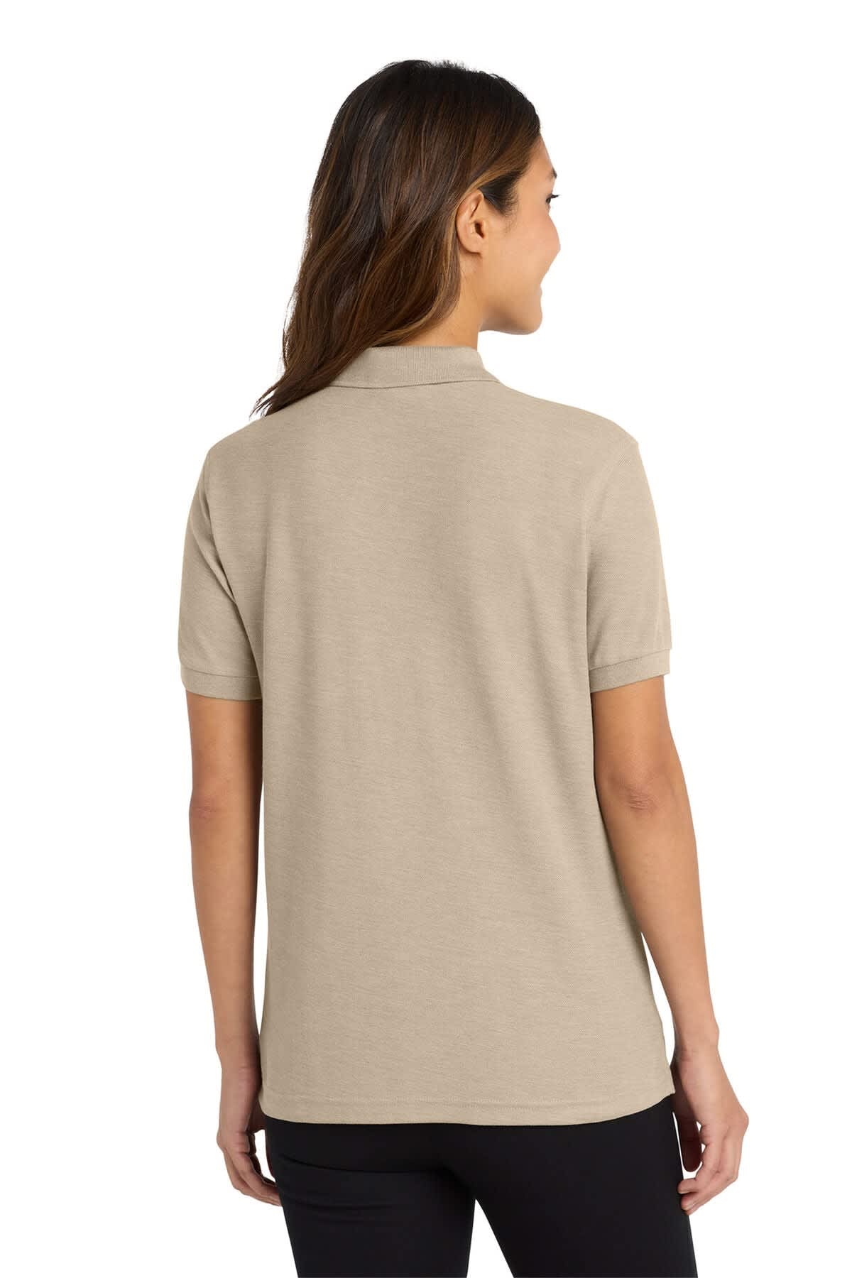 A beige ladies silk touch polo shirt is displayed from the back, featuring short sleeves and a smooth fabric texture.