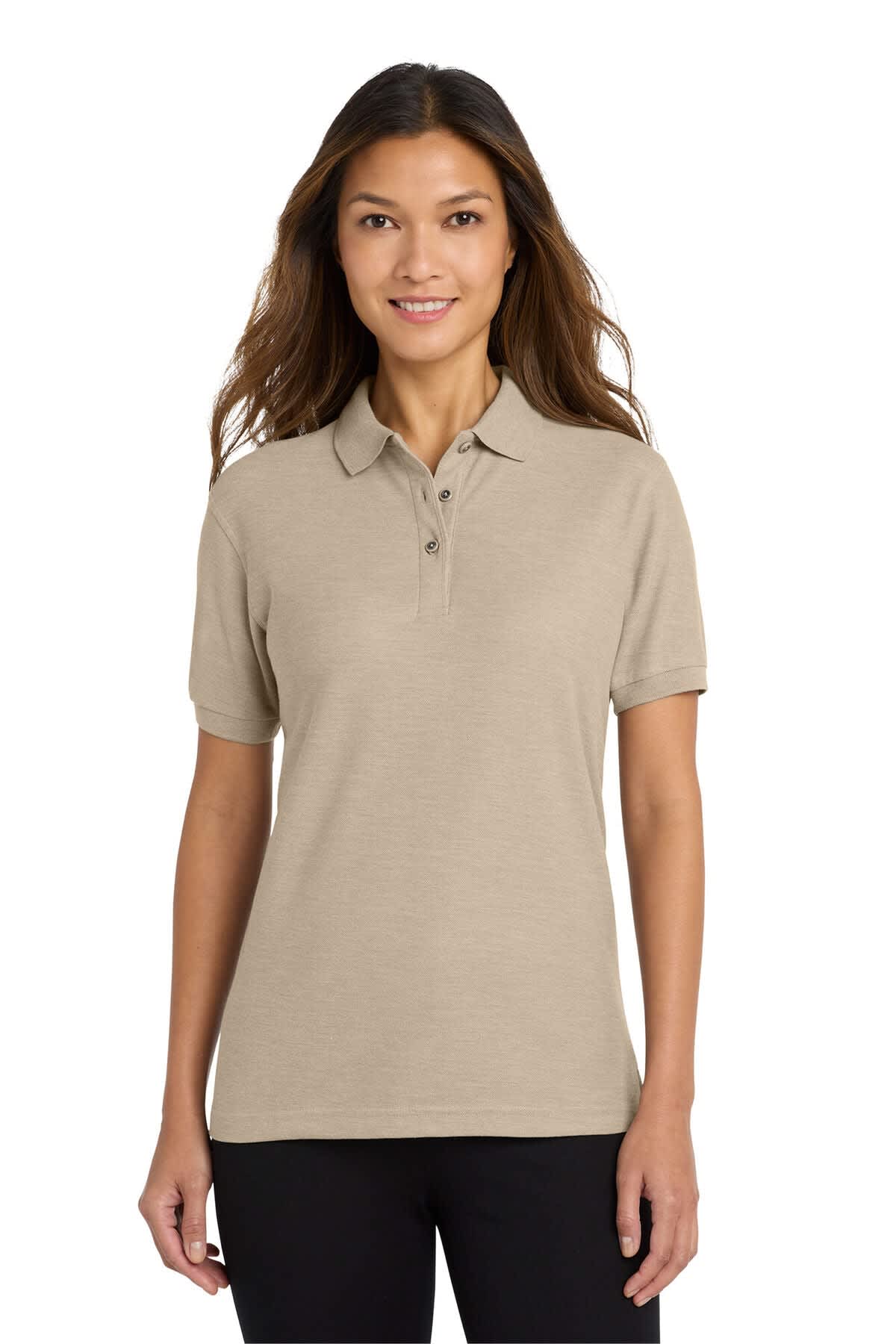 A light beige ladies' polo shirt with a classic collar and a subtle logo. Suitable for casual or smart-casual wear.