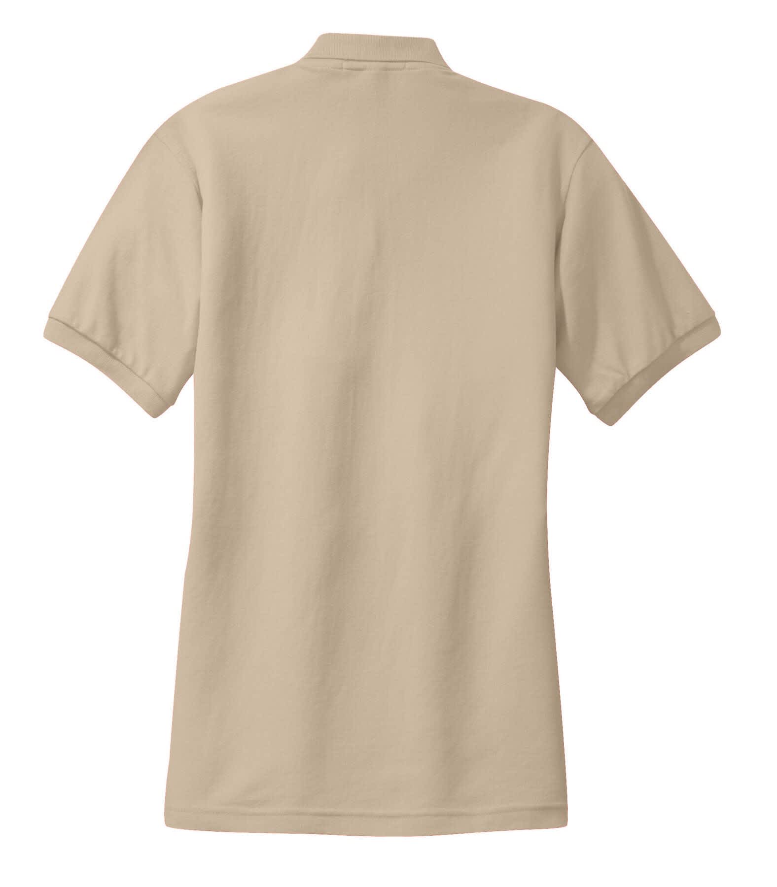 A beige ladies' polo shirt with short sleeves and a collar, featuring a logo on the back.