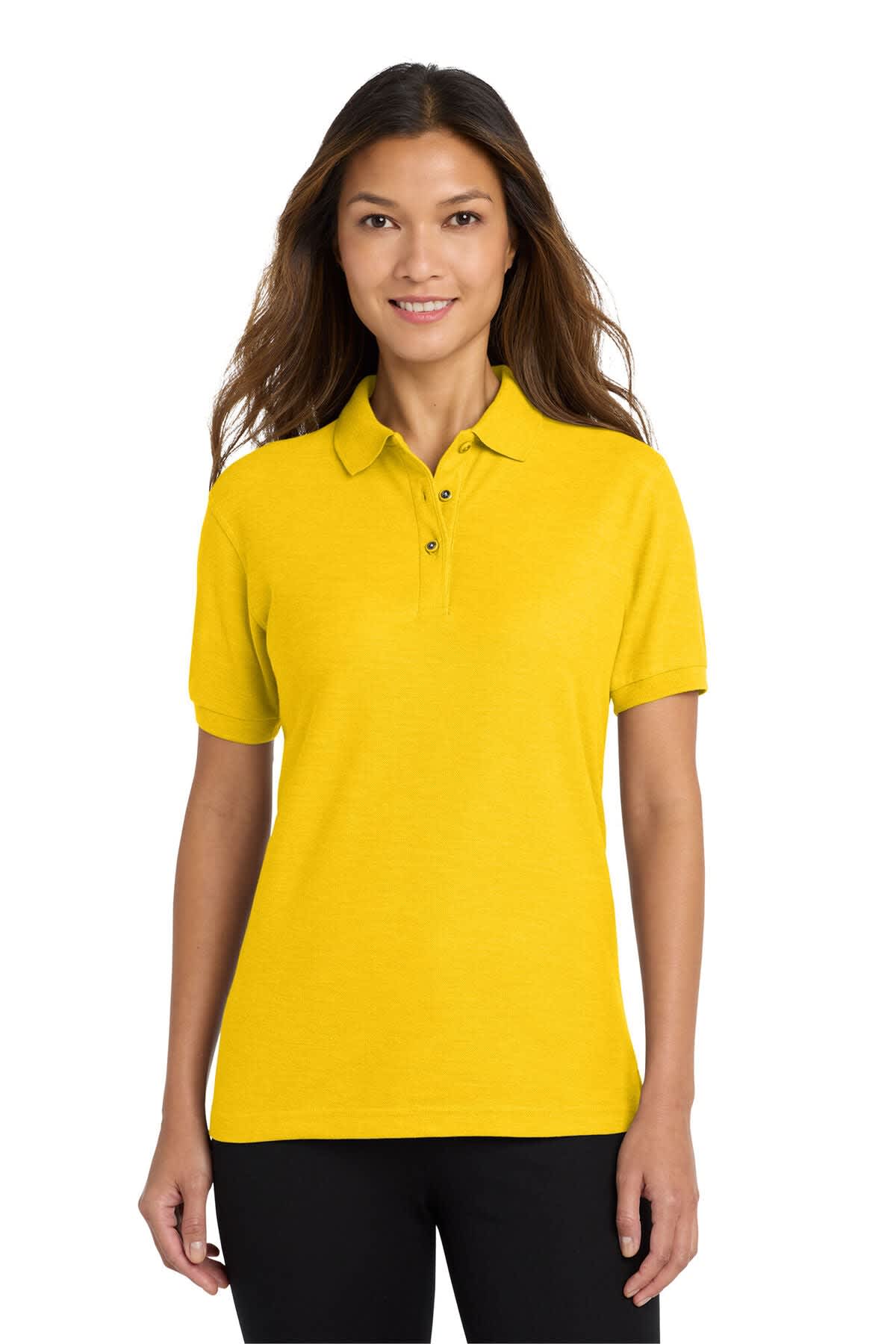 A yellow polo shirt for women, featuring a collar and a logo. Suitable for casual or business attire.
