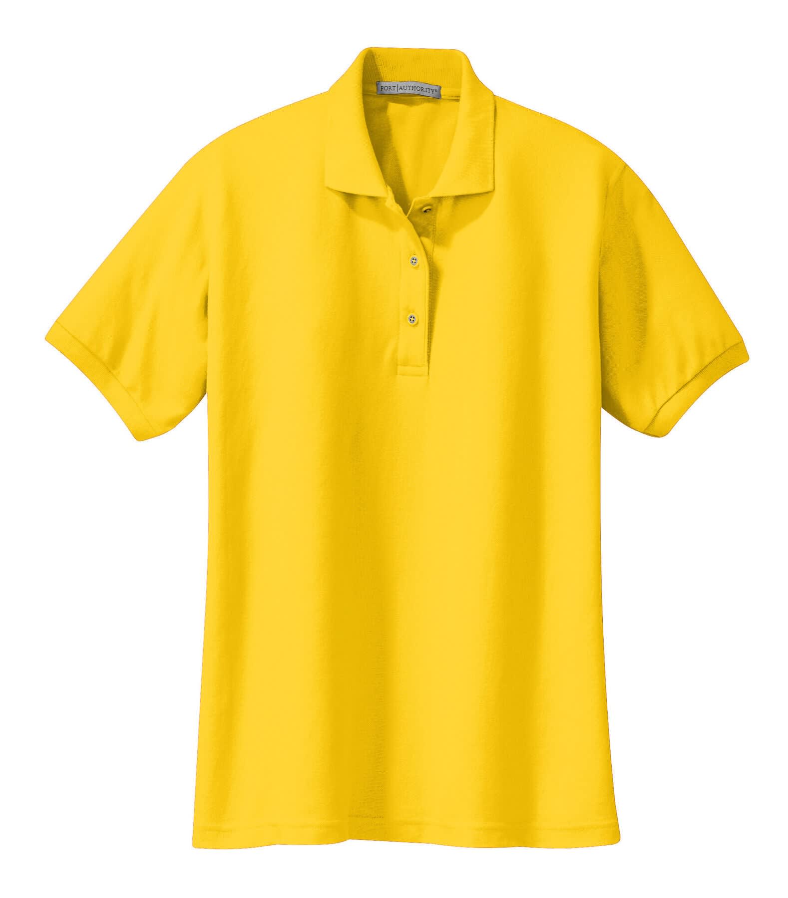 A vibrant yellow polo shirt with a classic collar and three-button placket. The shirt features a logo.