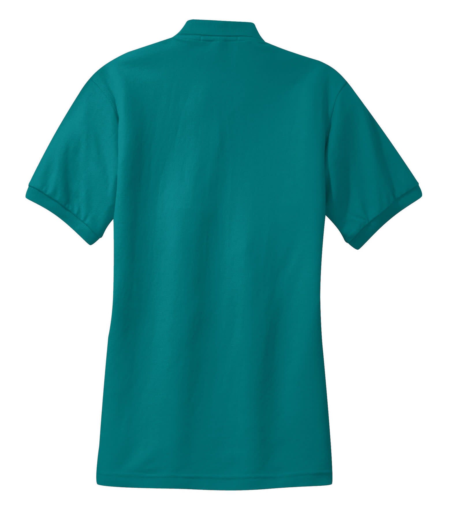A teal ladies' polo shirt with a collar, featuring a short-sleeve design and a logo on the back.