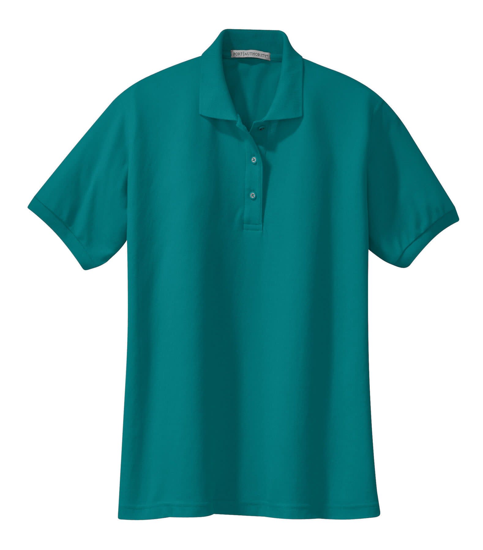 A teal polo shirt with a classic collar, short sleeves, and a three-button placket. It features a logo on the chest area.