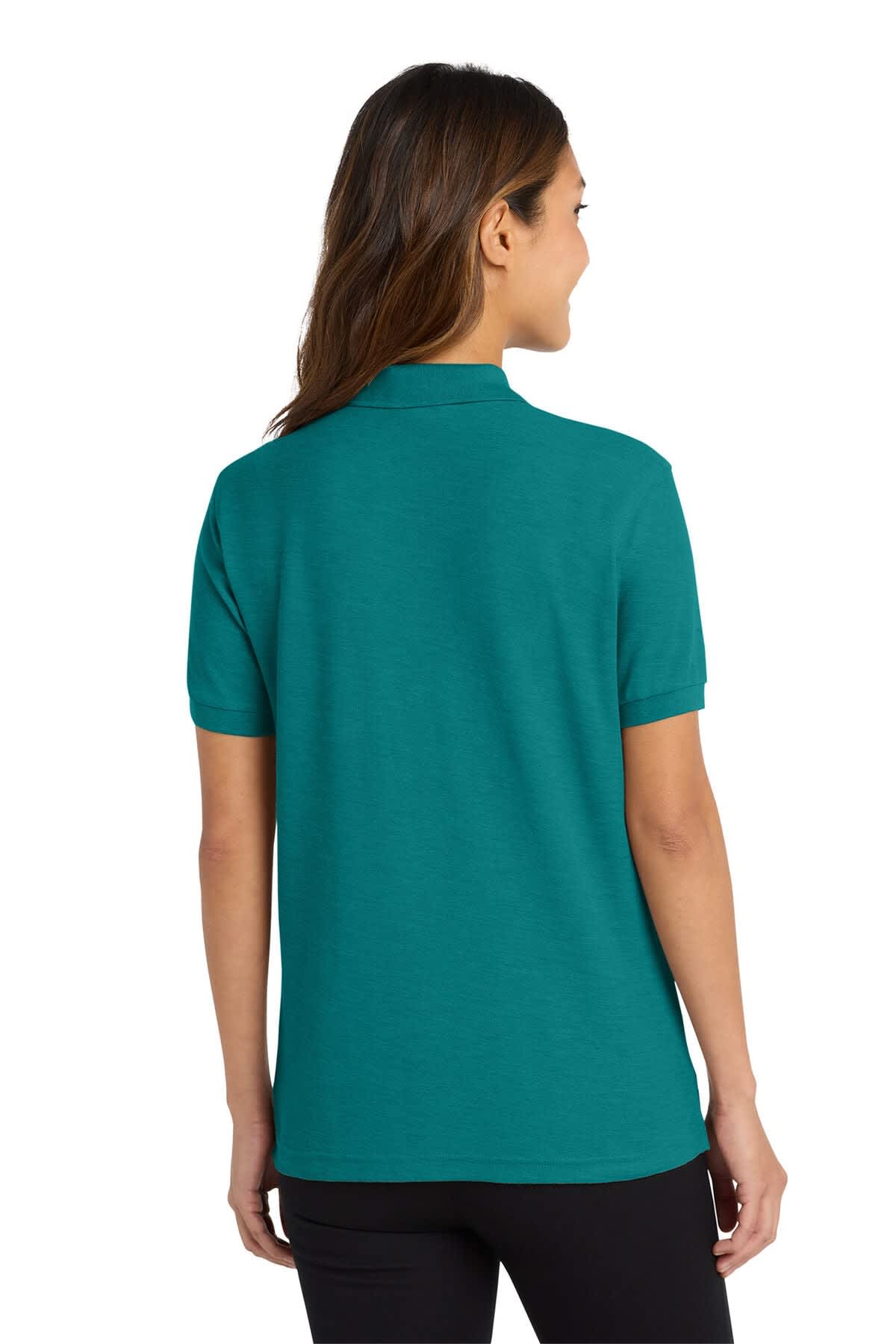 A teal ladies' polo shirt with a short sleeve design, featuring a collar and a logo on the back.