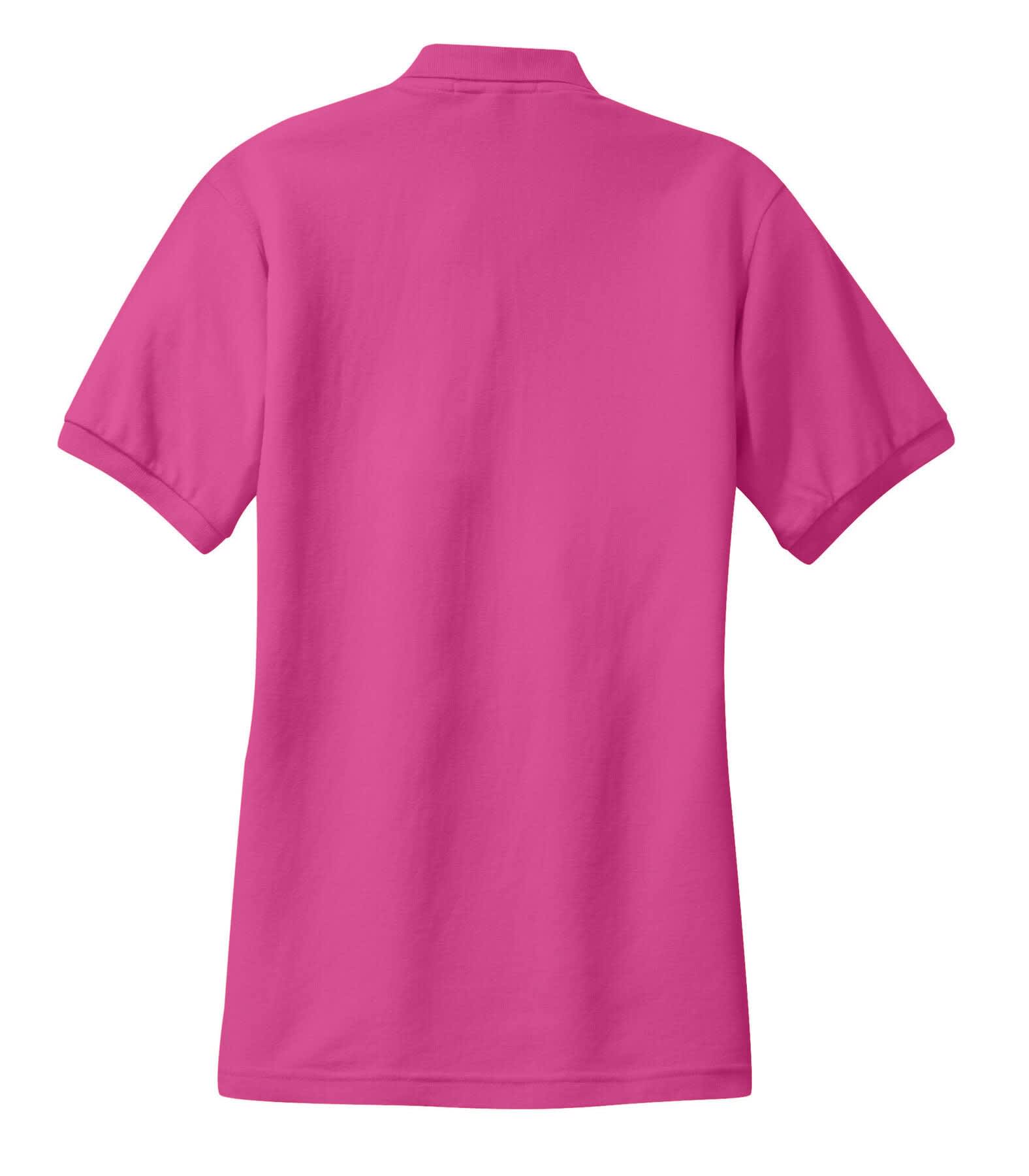 A pink ladies' polo shirt featuring short sleeves and a classic collar, with a logo on the back.