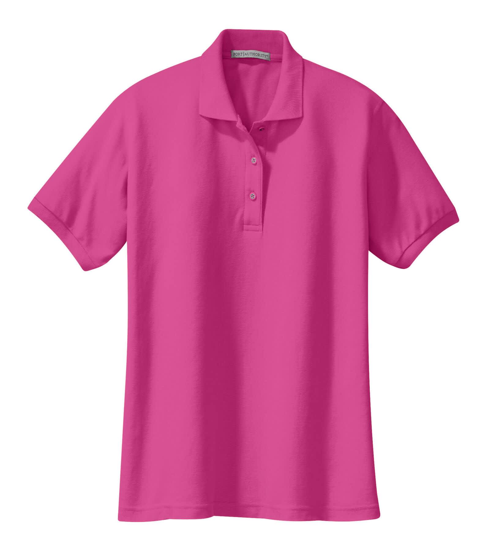 A bright pink ladies' polo shirt with a collared neck and three-button placket. It features a logo.