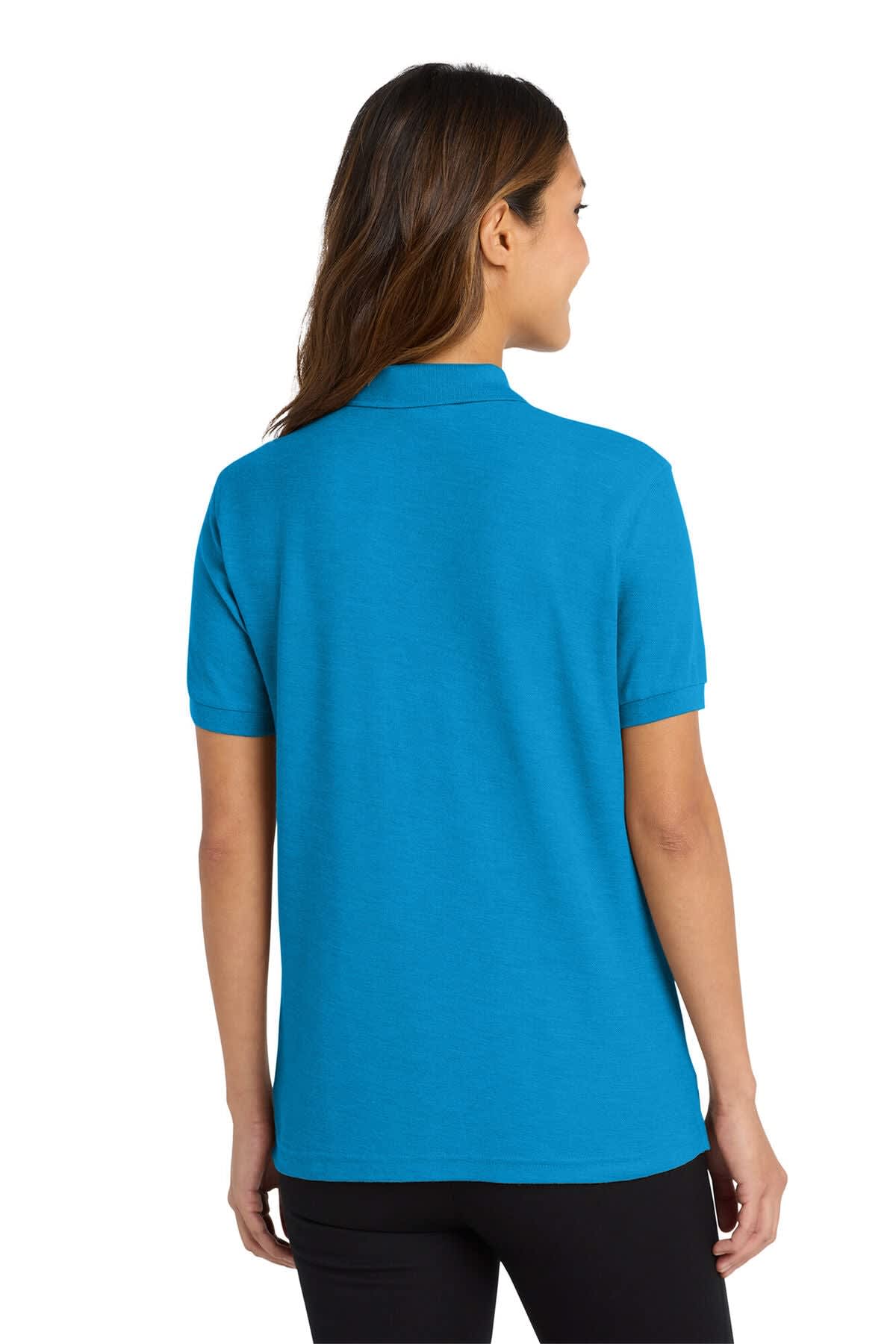 A women's polo shirt in a vibrant blue hue, featuring a classic collar and short sleeves, with a logo on the back.