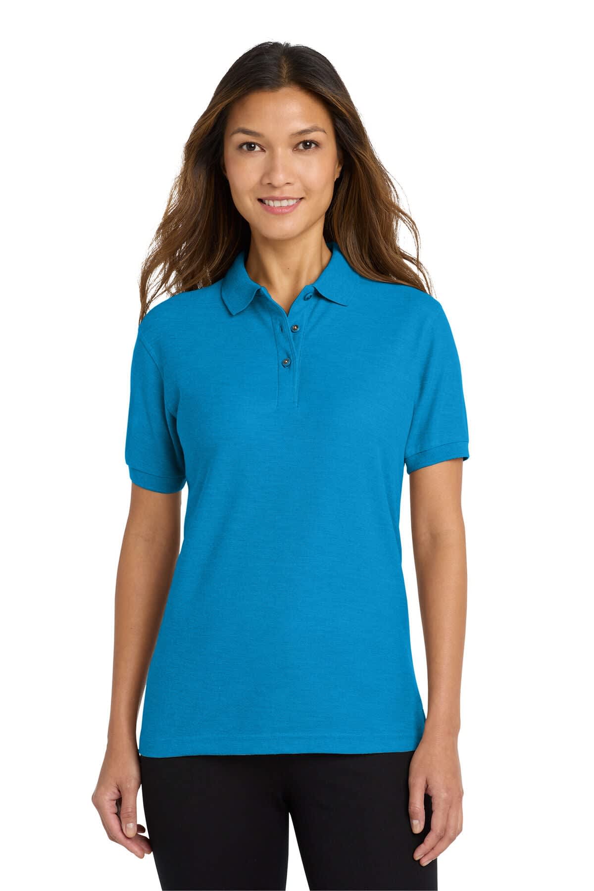 A turquoise ladies’ polo shirt featuring a collar, short sleeves, and a logo on the chest.