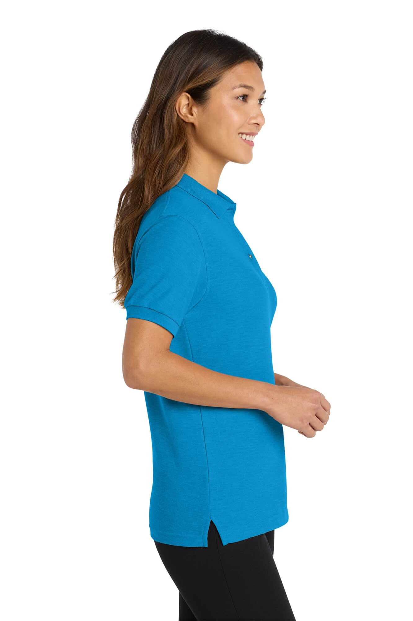A ladies' polo shirt in bright blue with a subtle logo, featuring a collared neckline and short sleeves.