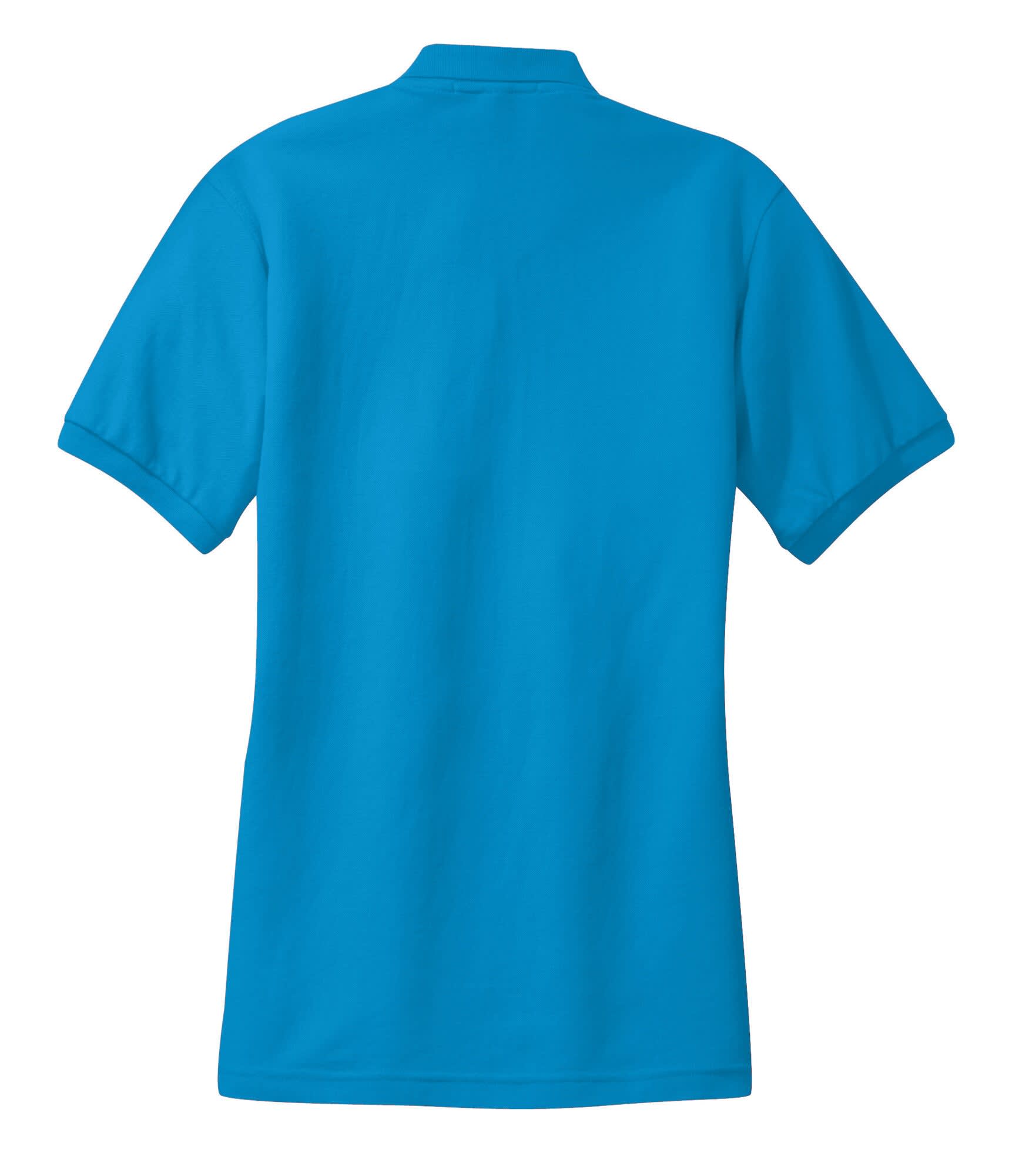 A vibrant turquoise polo shirt with short sleeves and a collar, featuring a logo on the back.