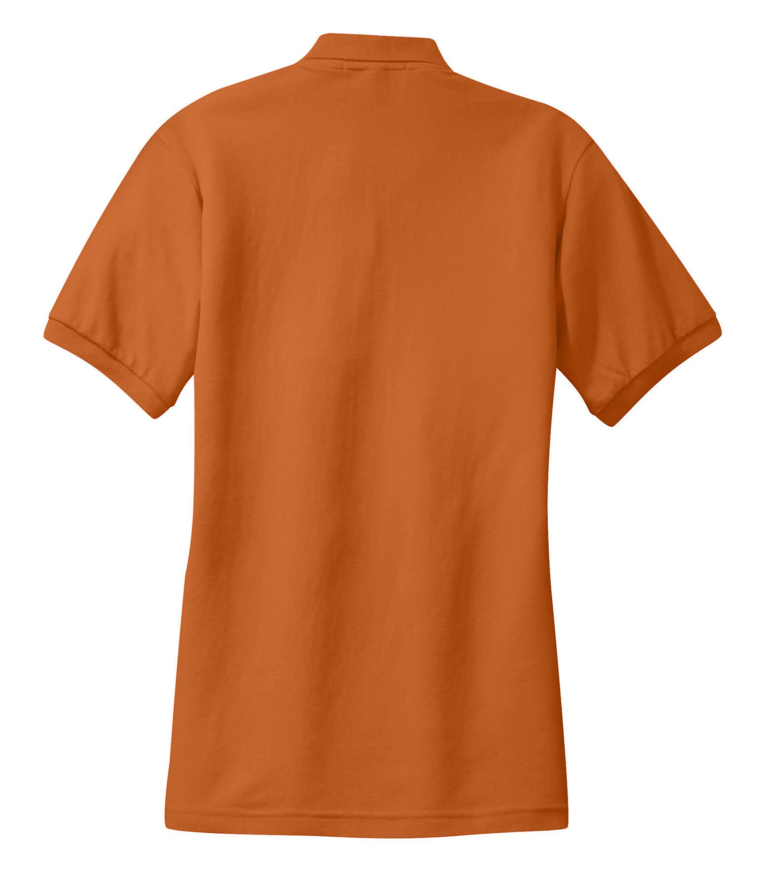 An orange ladies' polo shirt with a standard collar and short sleeves, featuring a logo.