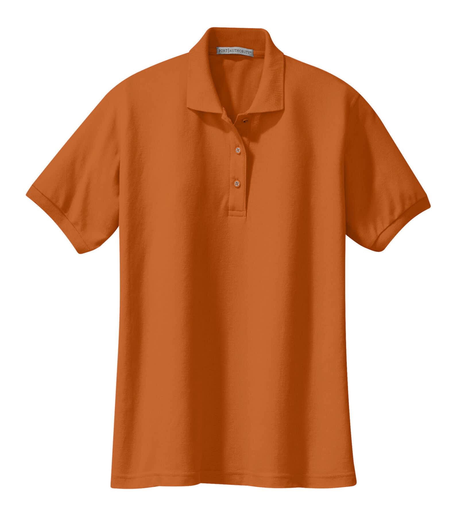 An orange Port Authority ladies' silk touch polo shirt with a collar and short sleeves, featuring a logo.